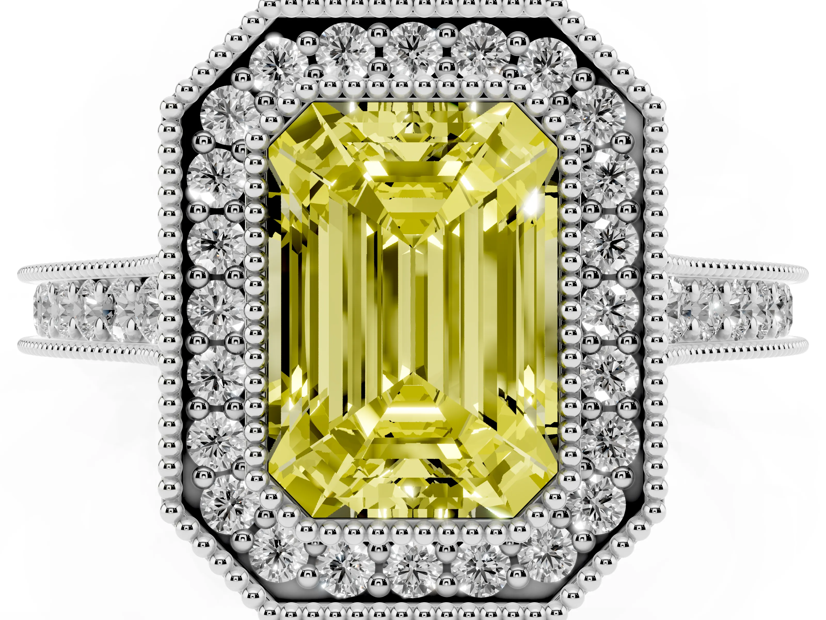 Fancy Yellow Emerald Cut Diamond Halo Milgrain Pavé Band Ring Set in Platinum with Prong Setting