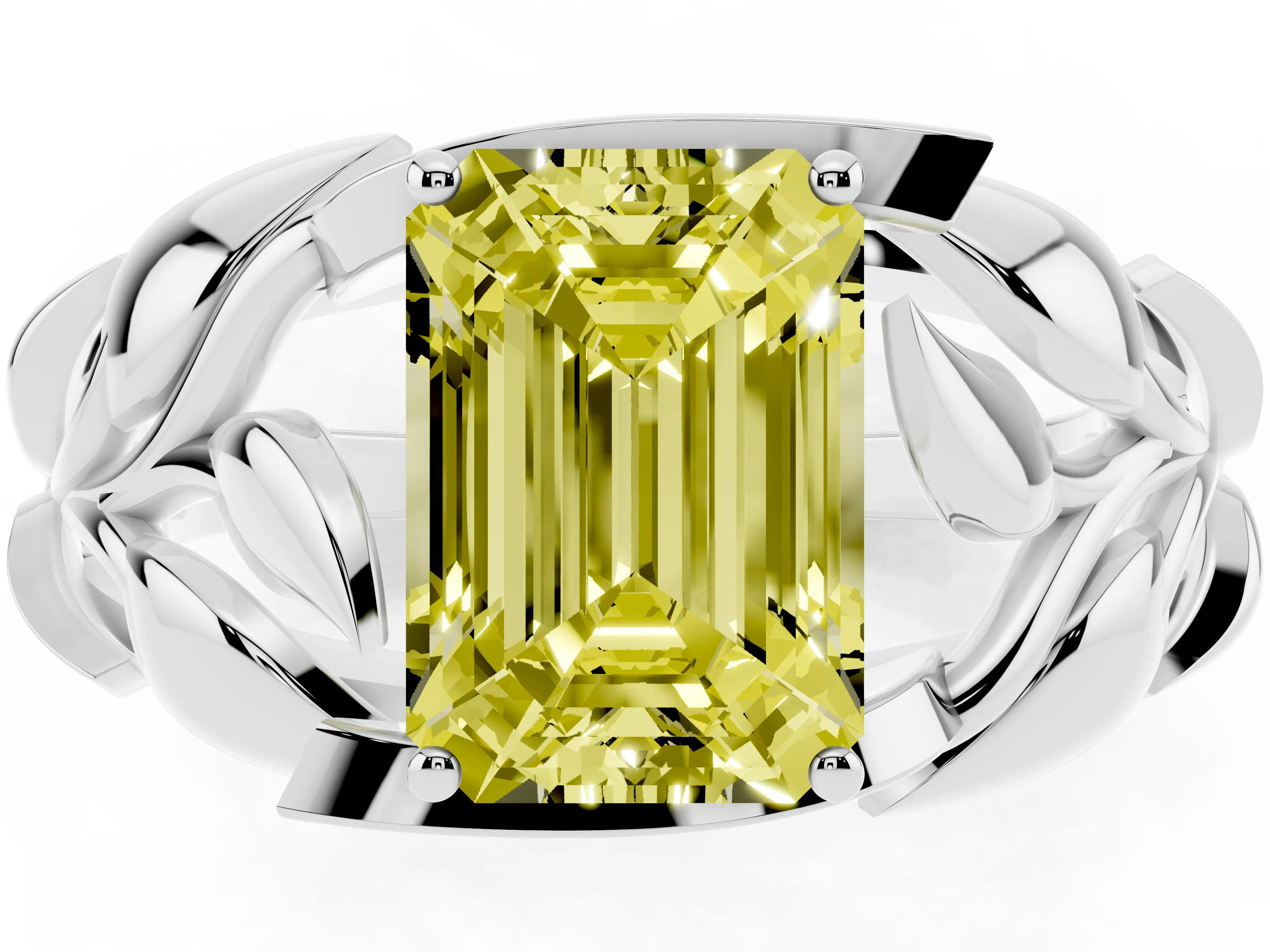 Fancy Yellow Emerald Cut Diamond Leaf-Inspired Engagement Ring Set in Silver with Round Accents