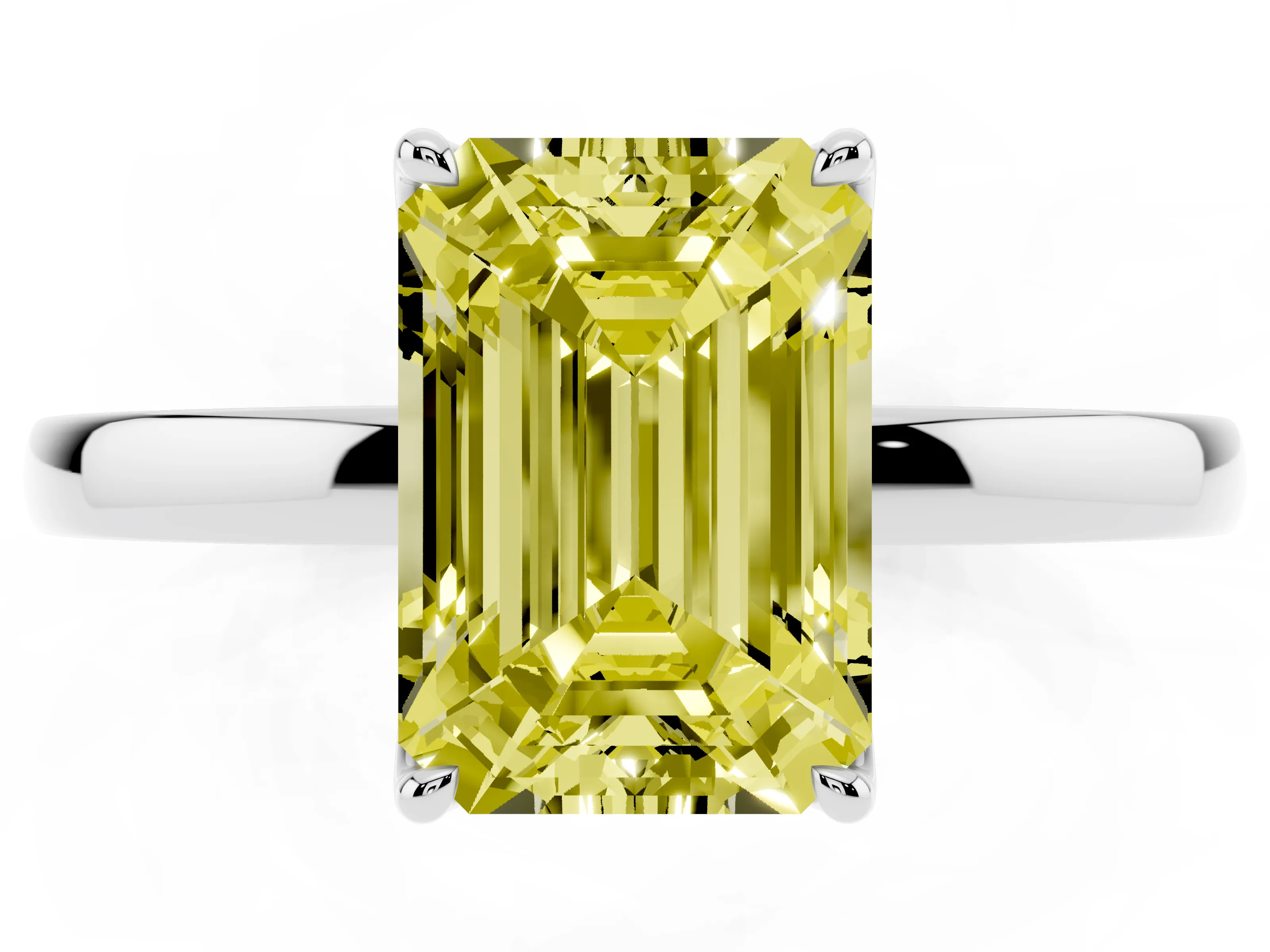 Fancy Yellow Emerald Cut Diamond Solitaire Ring Set in White gold with Prong Setting and Thin Polished Band
