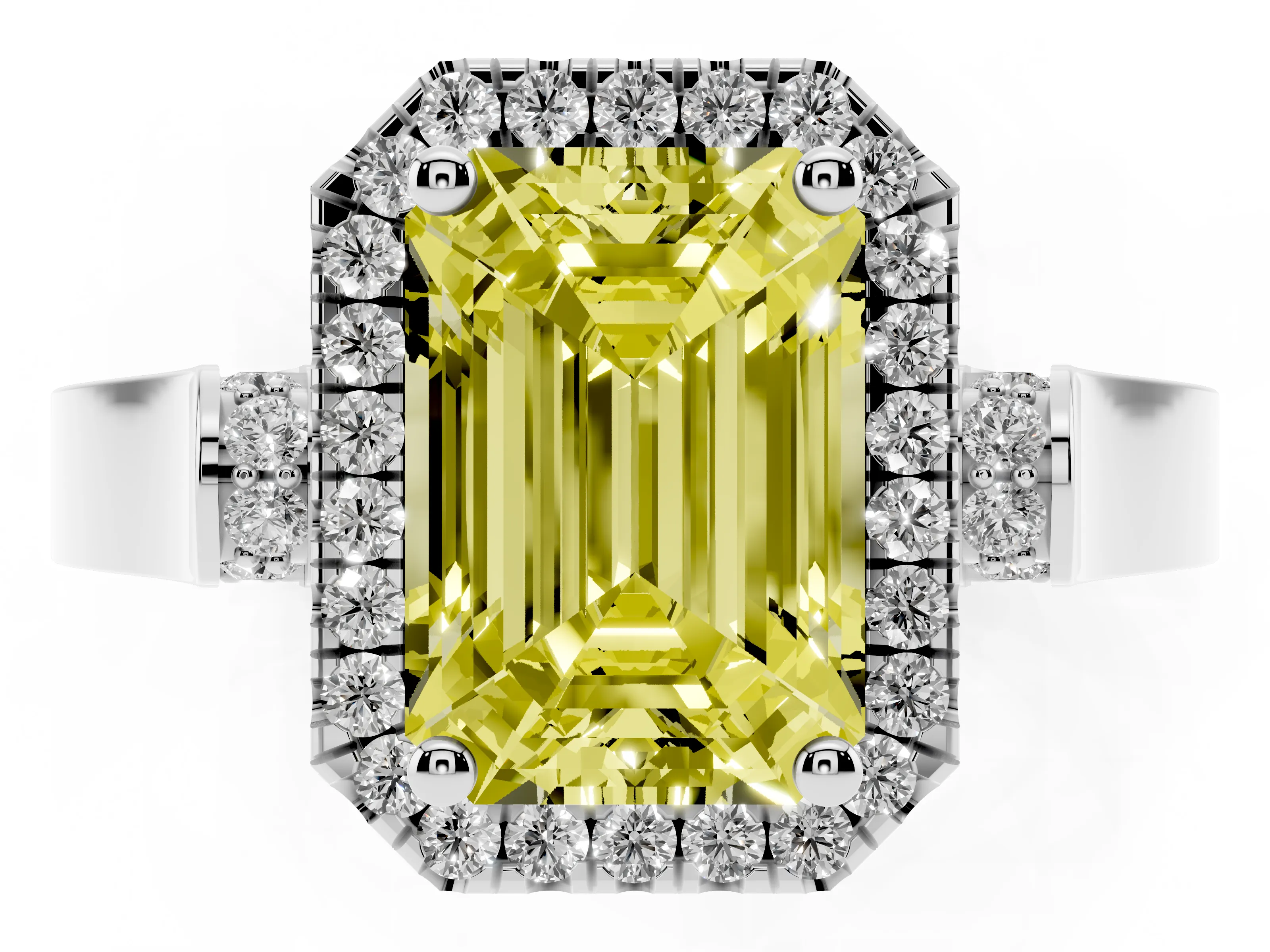 Fancy Yellow Emerald Cut Diamond Halo Ring Set in Silver with Pavé-Lined Split Shank Band