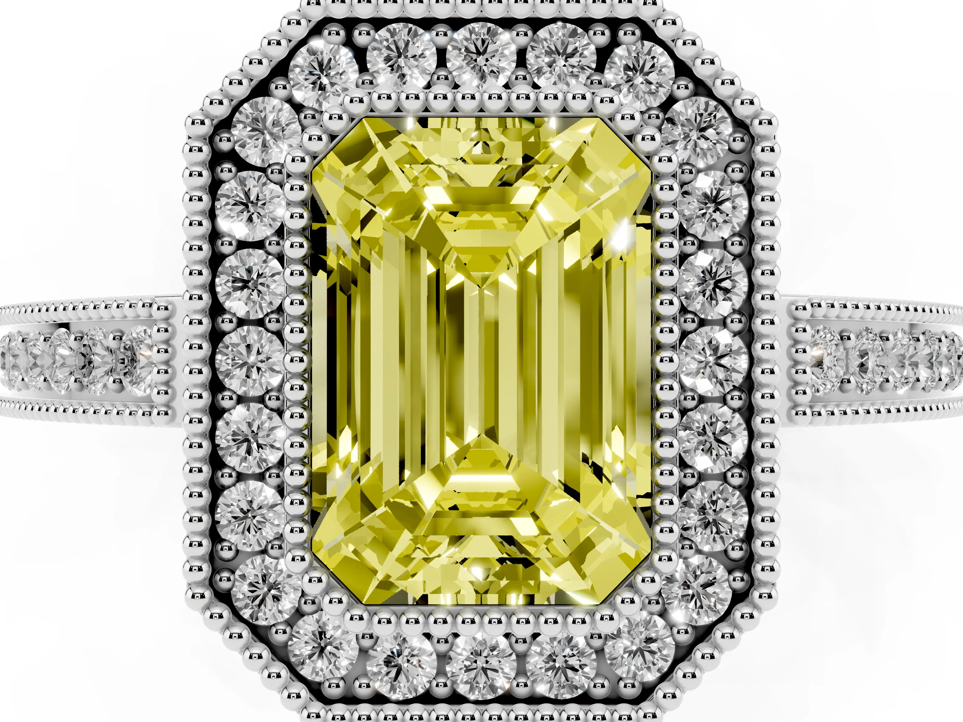 Fancy Yellow Emerald Cut Diamond Halo Ring Set in White gold with Pavé Band and Milgrain-Edged Prongs