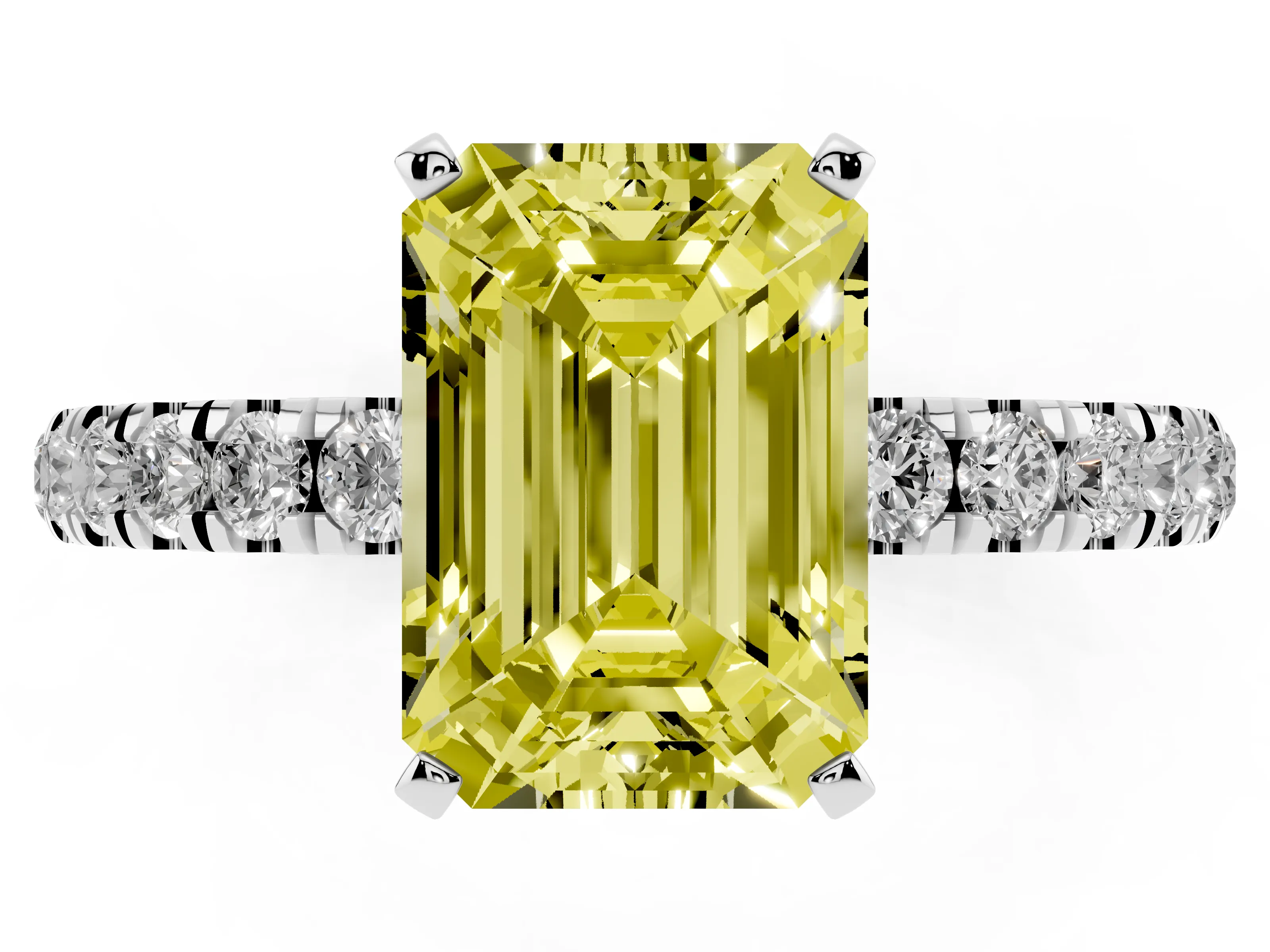 Fancy Yellow Emerald Cut Diamond Solitaire Ring Set in Silver with Pavé Accents and Prong Setting
