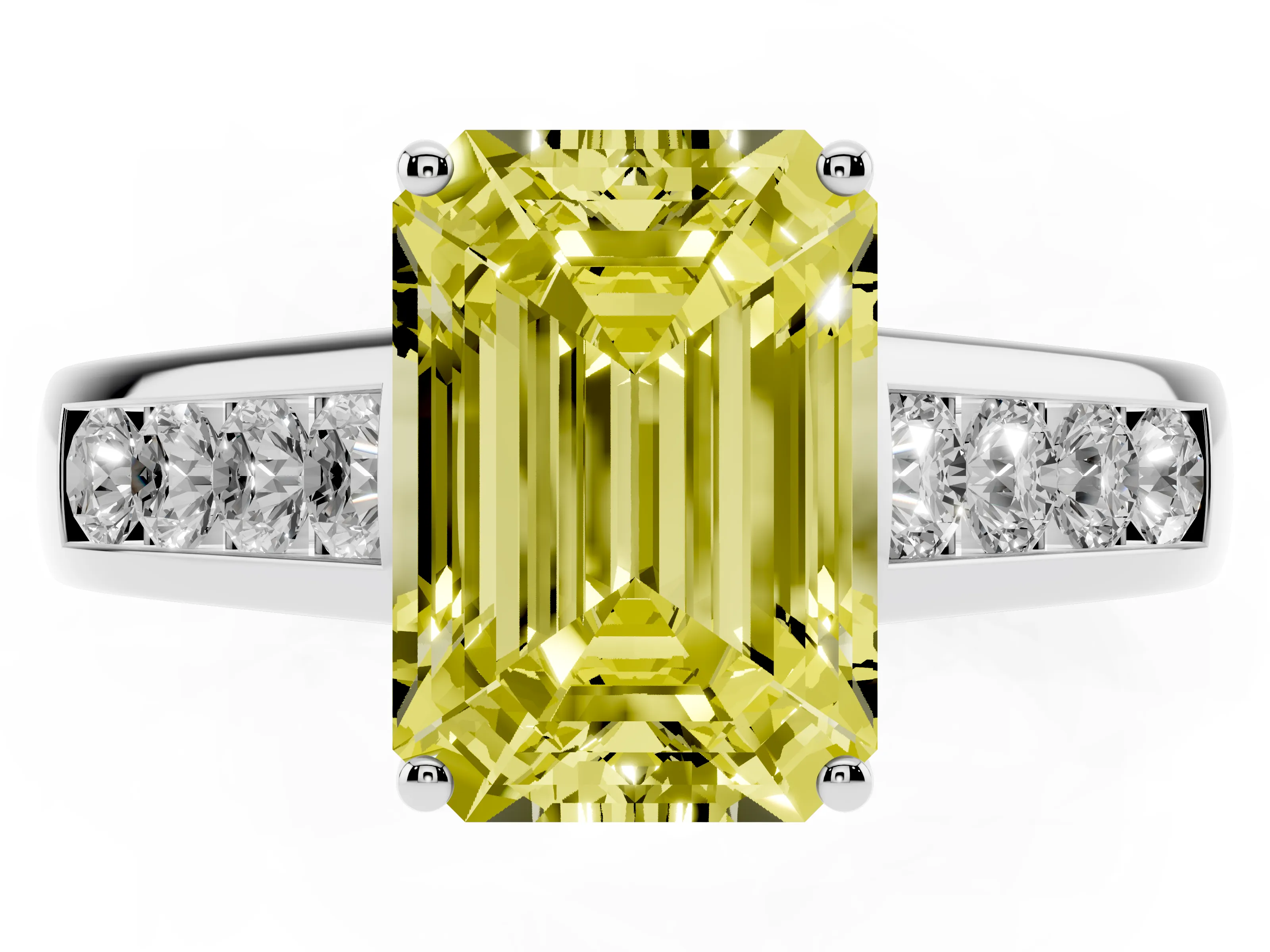 Fancy Yellow Emerald Cut Diamond Solitaire Channel-Set Engagement Ring Set in White gold with Prong Setting