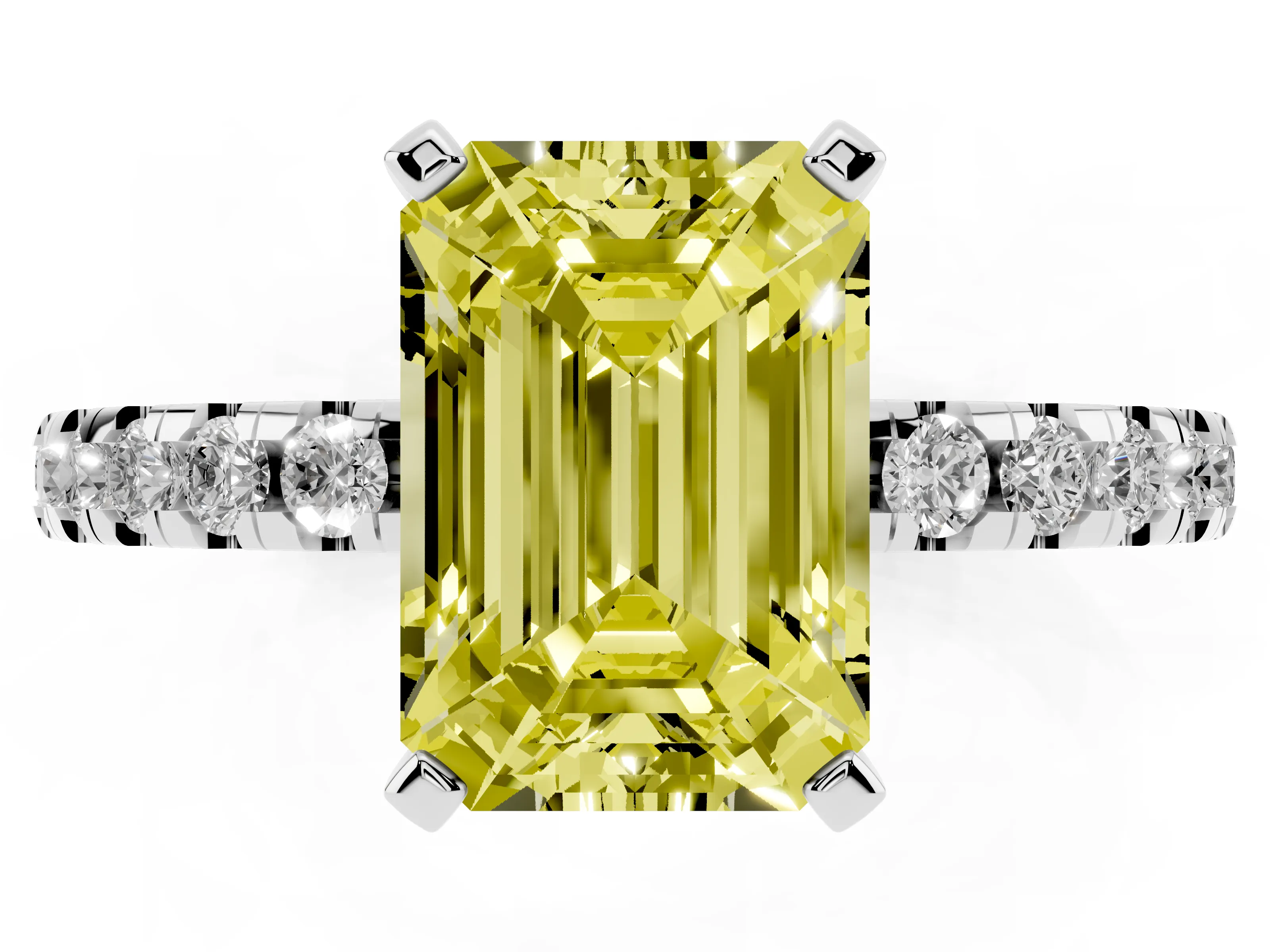 Fancy Yellow Emerald Cut Diamond Pavé Solitaire Ring Set in Platinum with Round Band Accents and Prong Setting