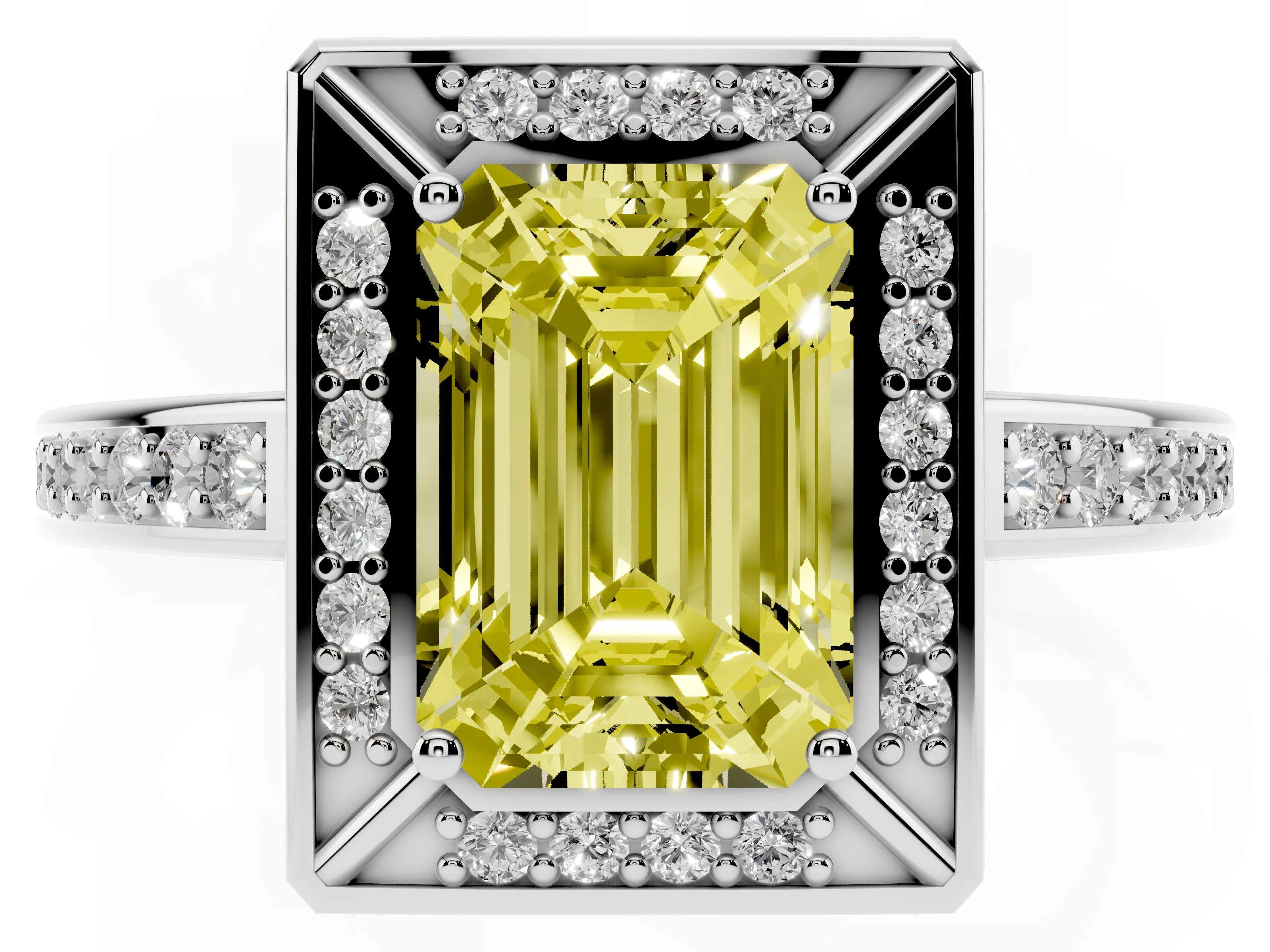 Fancy Yellow Emerald Cut Diamond Halo Pavé Split Shank Ring Set in Silver with Prong Setting