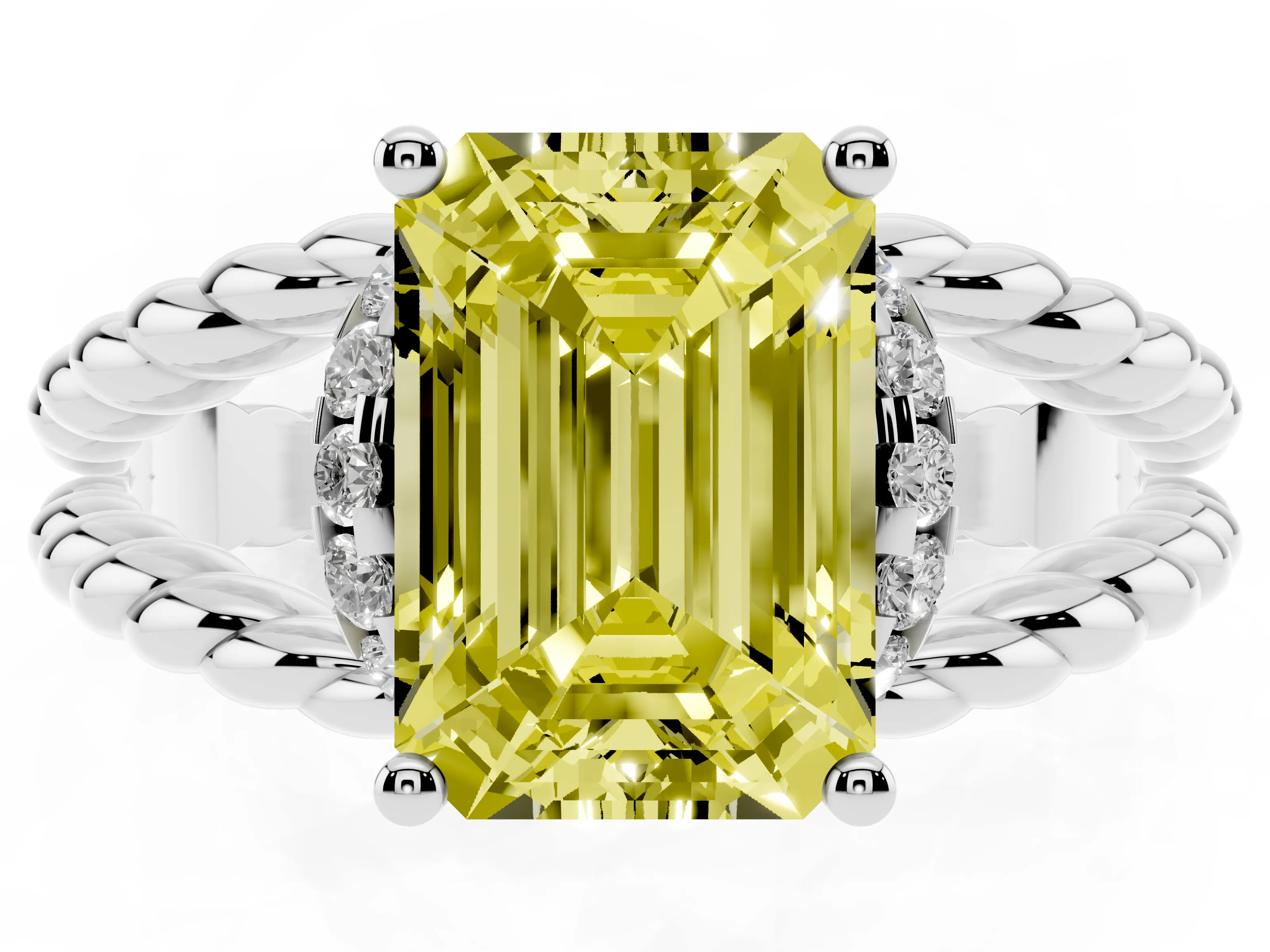 Fancy Yellow Emerald Cut Diamond Halo Ring Set in White gold with Twisted Band and Prong Setting