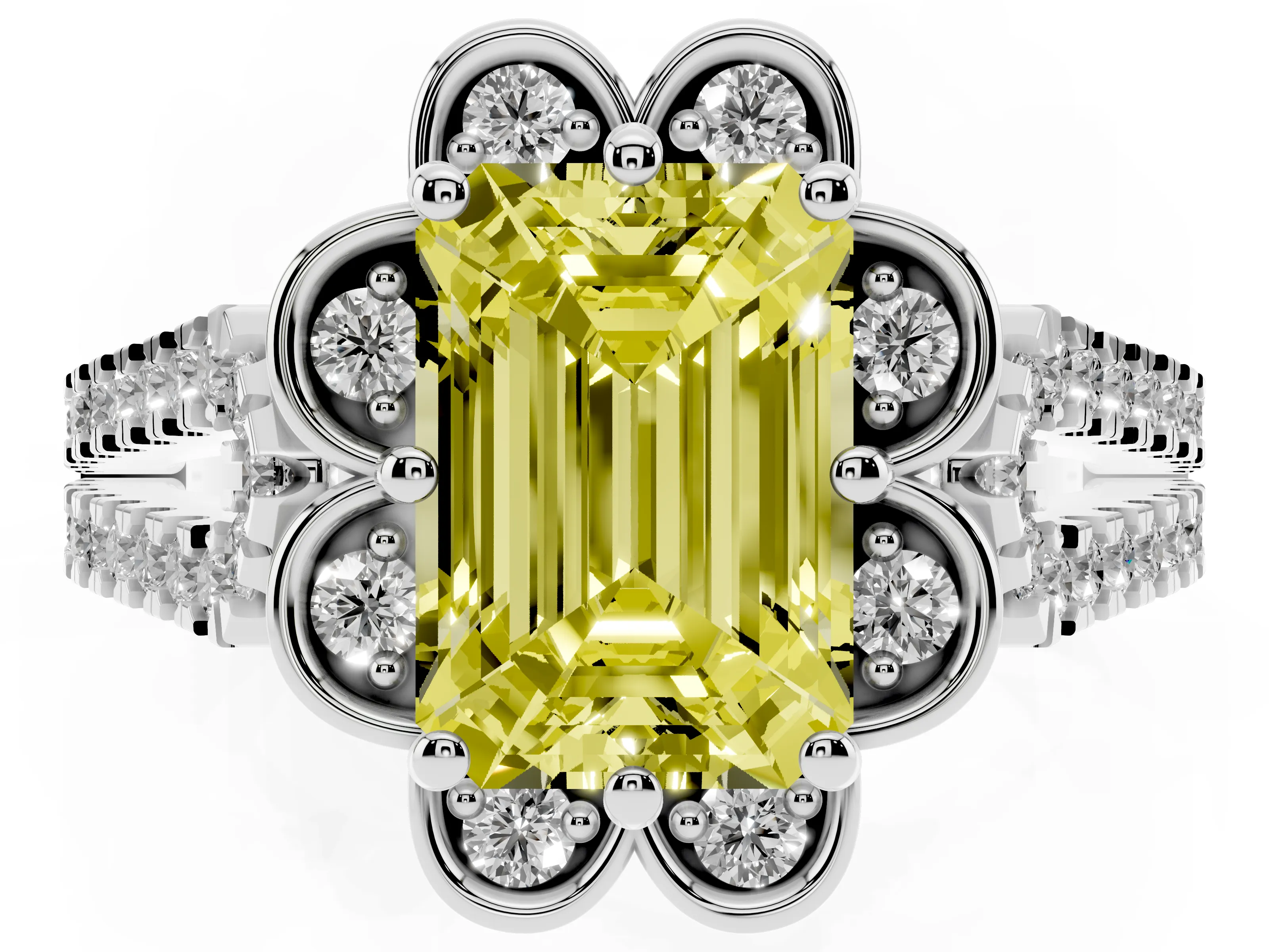 Fancy Yellow Emerald Cut Diamond Floral Halo Split Shank Engagement Ring Set in White gold with Pavé Shank