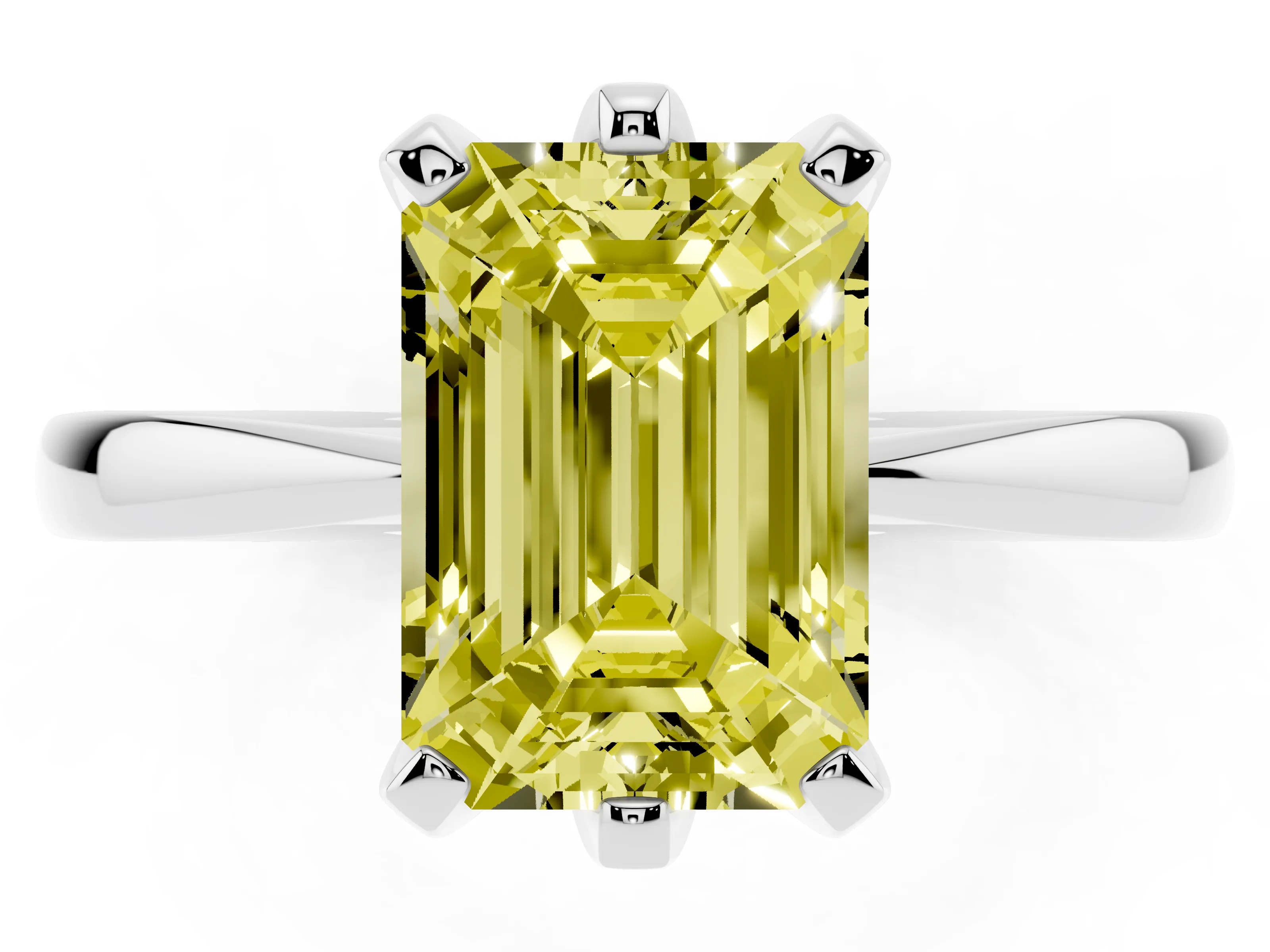 Fancy Yellow Emerald Cut Diamond Solitaire Engagement Ring Set in White gold with Slim Tapered Solitaire Band