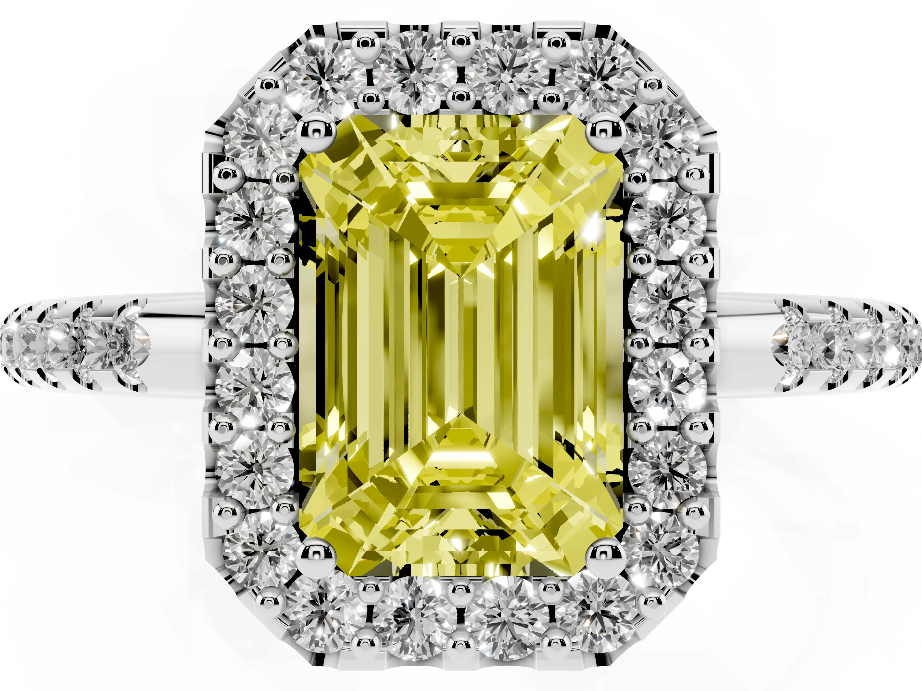 Fancy Yellow Emerald Cut Diamond Pavé Halo Ring Set in Silver with Prong Setting