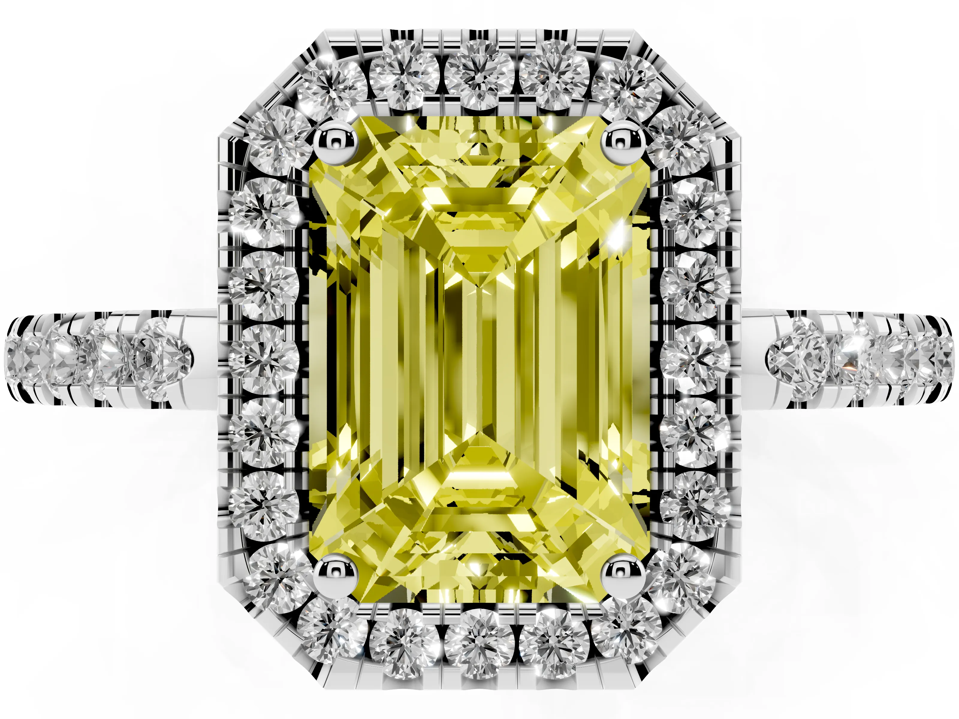 Fancy Yellow Emerald Cut Diamond Pavé Band Halo Engagement Ring Set in White gold with Prong Setting