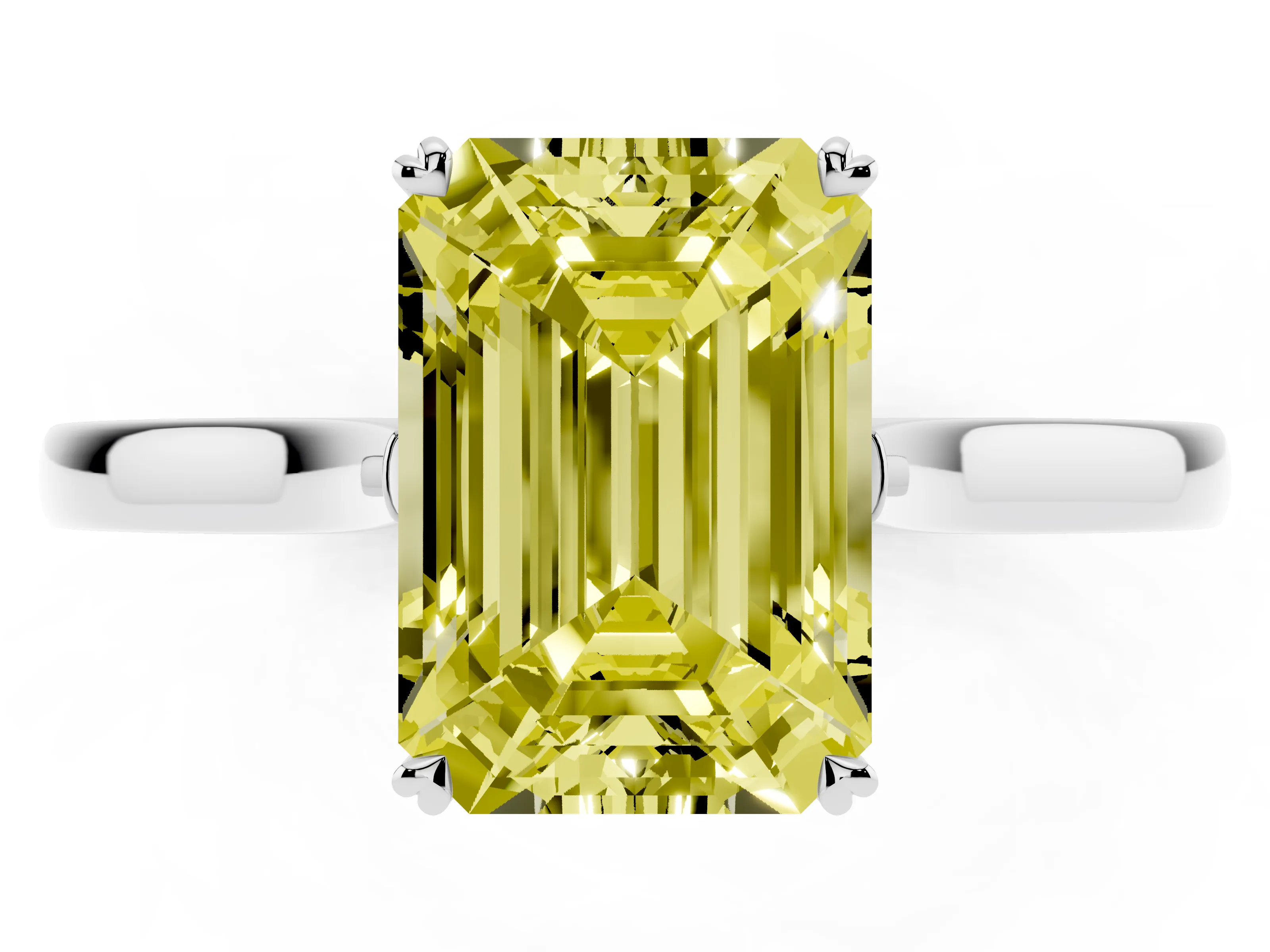 Fancy Yellow Emerald Cut Diamond Solitaire Heart Prong Engagement Ring Set in Platinum with Tapered Band