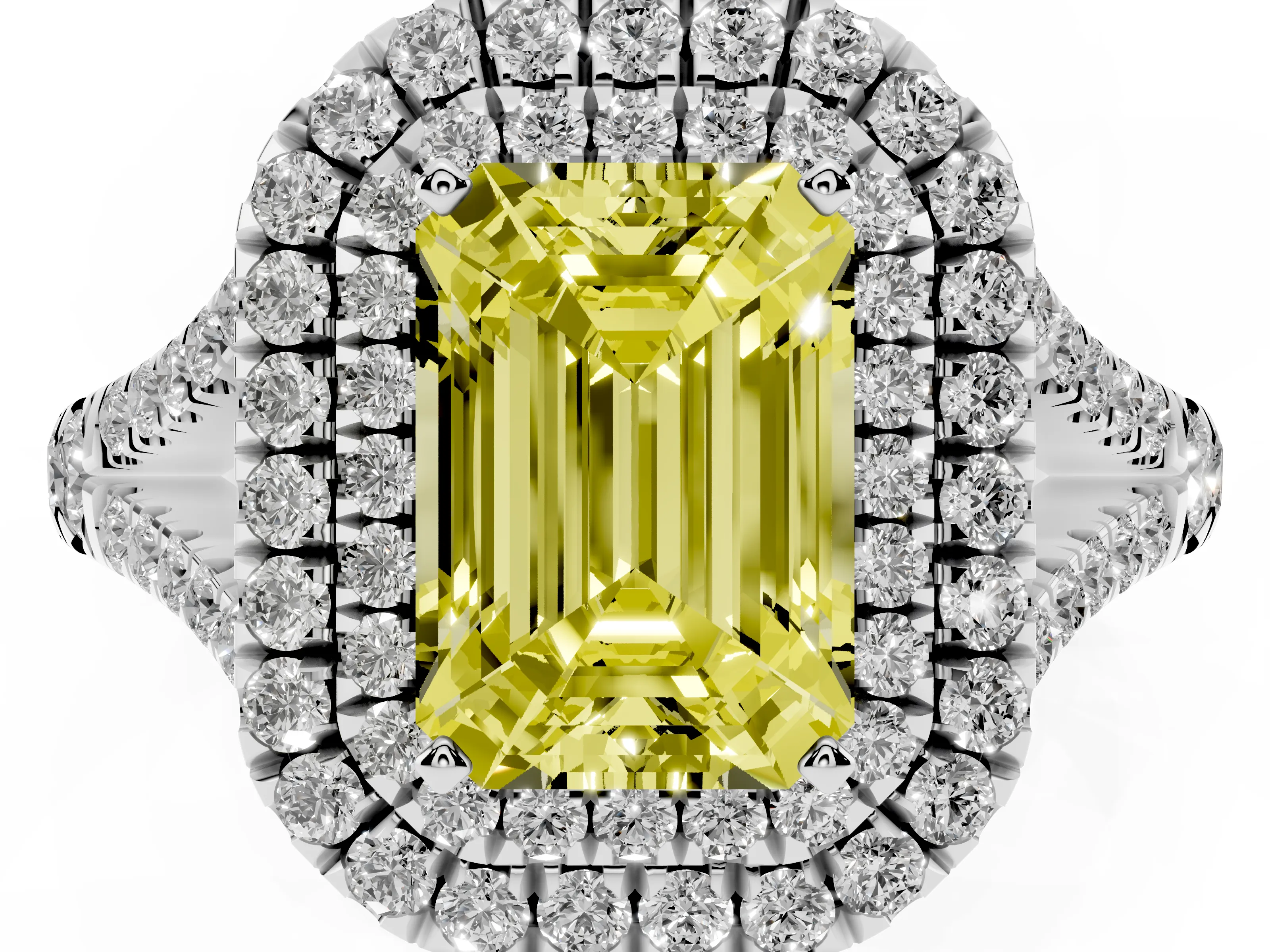 Fancy Yellow Emerald Cut Diamond Pavé Split Shank Double Halo Engagement Ring Set in Silver