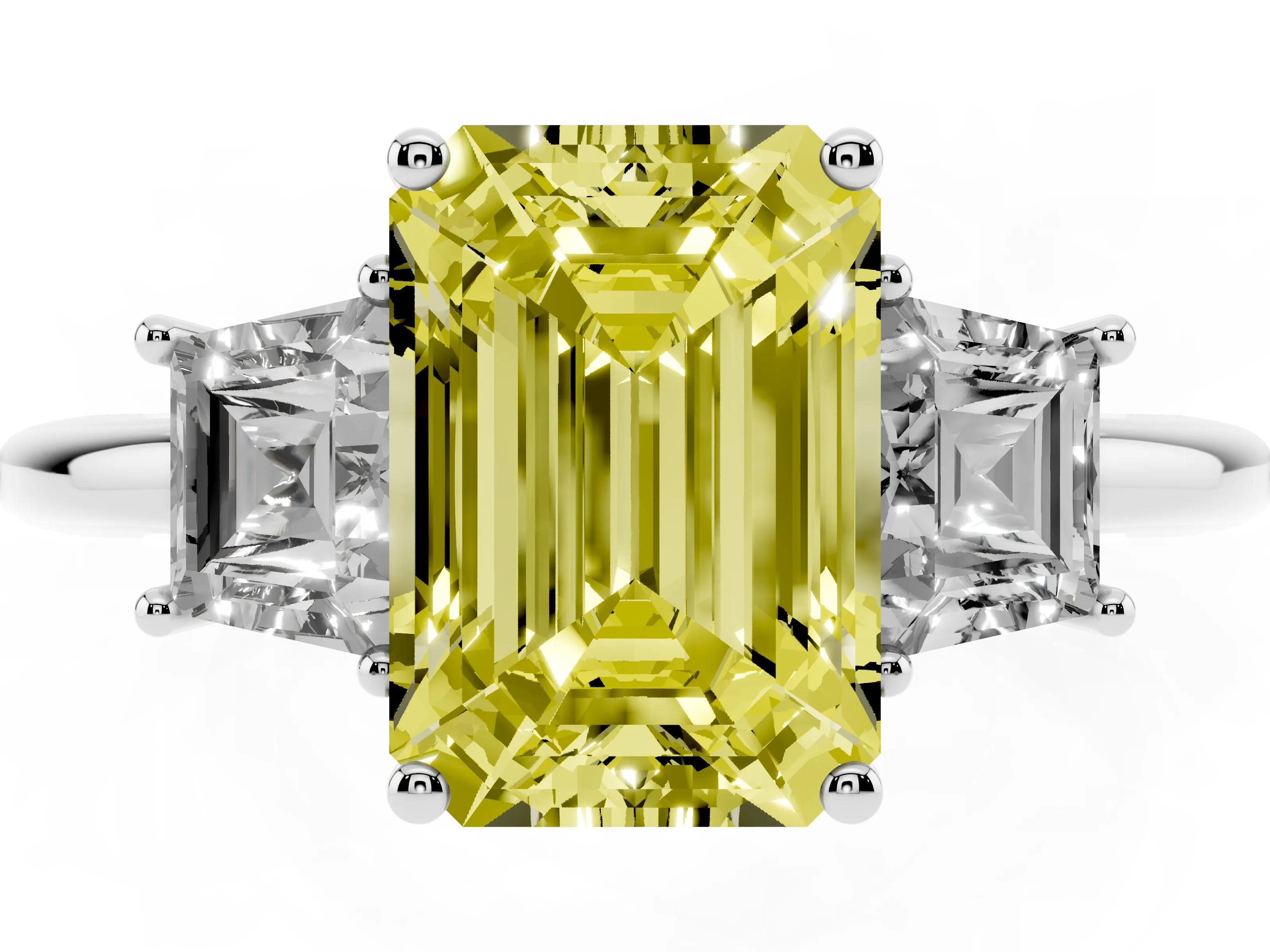 Fancy Yellow Emerald Cut Diamond Three-Stone Ring Set in Silver with Trapezoid Side Stones and Prong Setting