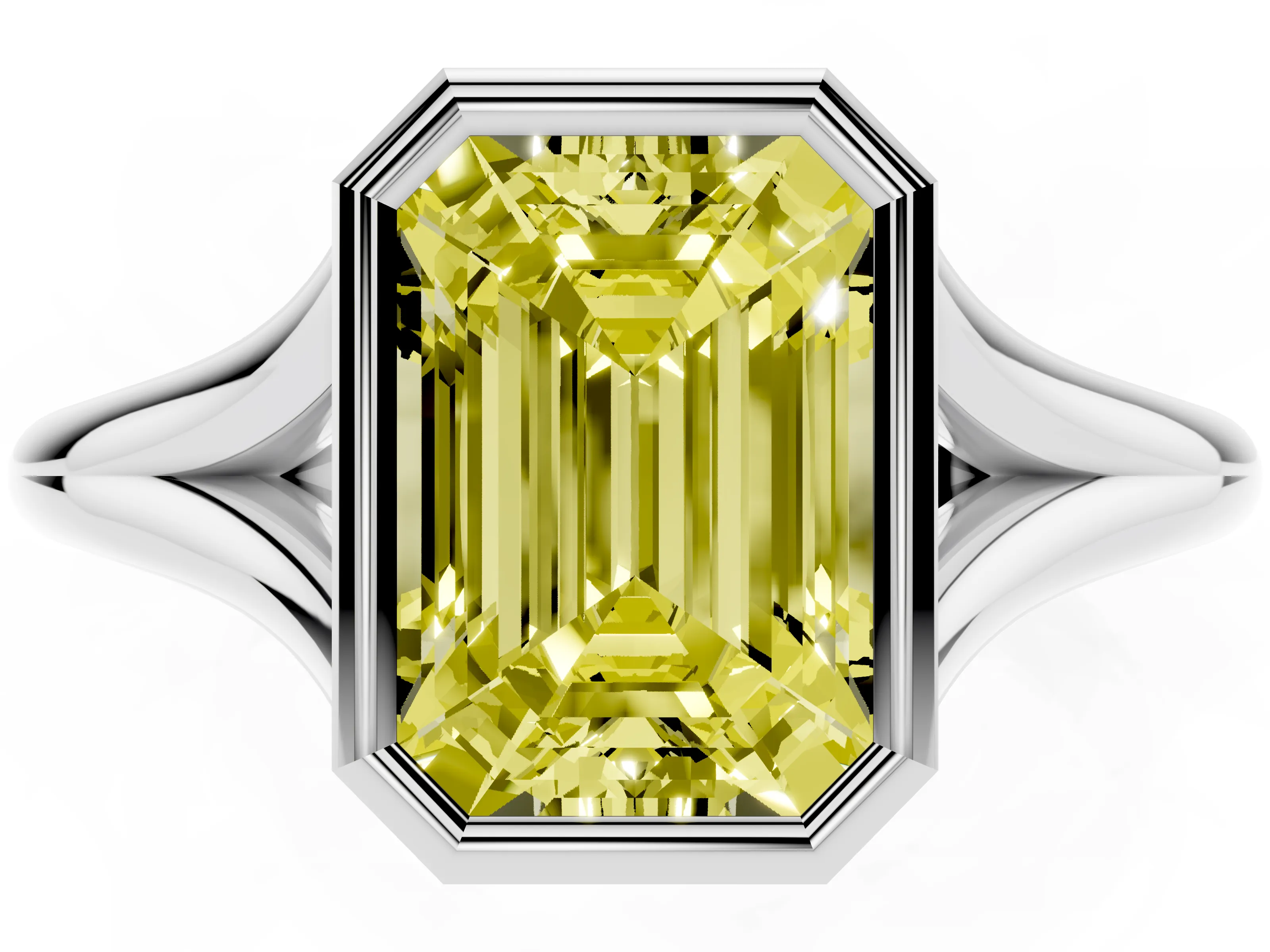 Fancy Yellow Bezel Set Emerald Cut Diamond Solitaire Ring Set in Platinum with Tapered Band