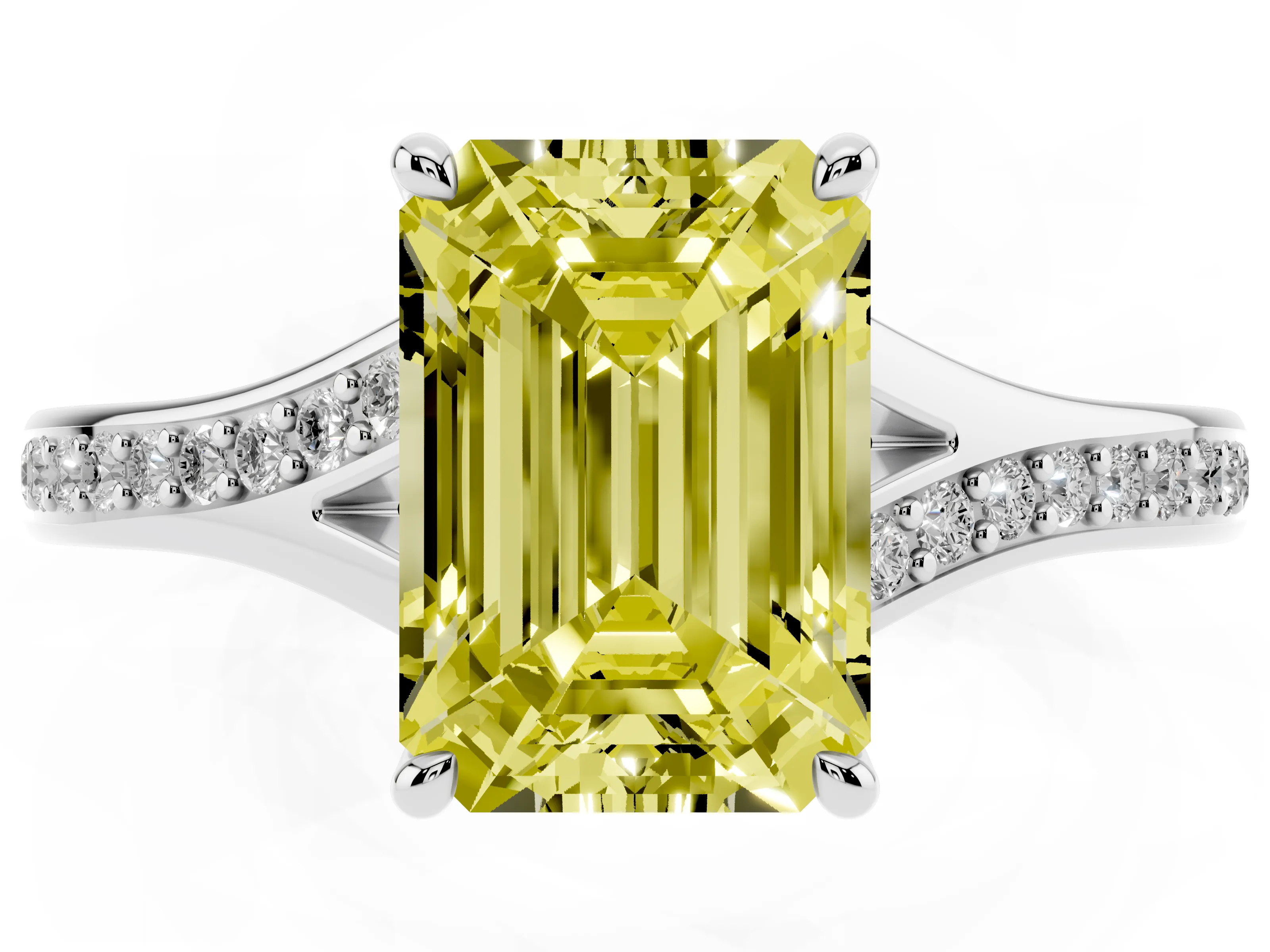 Fancy Yellow Emerald Cut Diamond Solitaire Ring Set in Silver with Pavé Accent Band and Classic Prong Setting