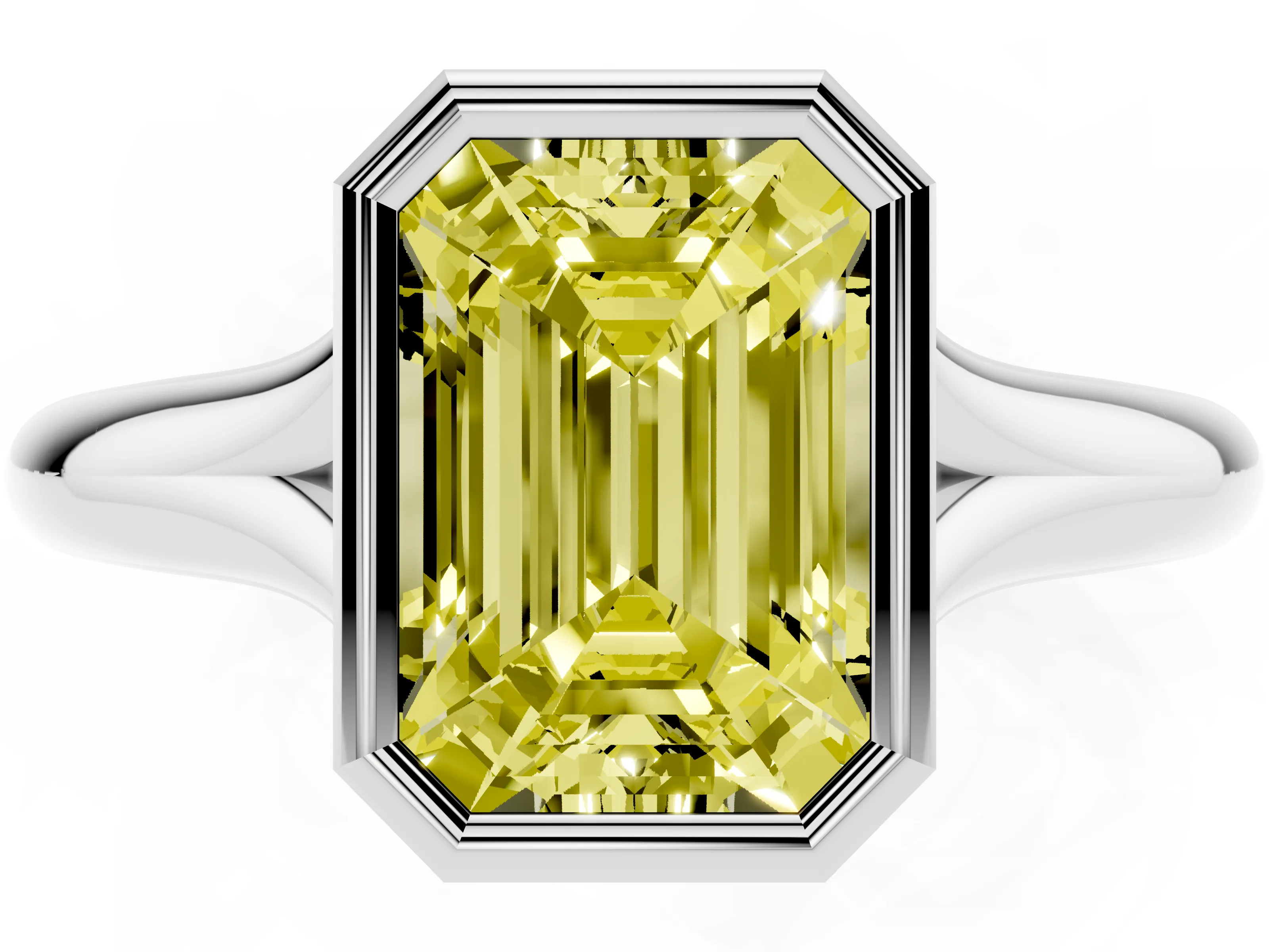 Fancy Yellow Bezel Set Emerald Cut Diamond Solitaire Ring Set in White gold with Smooth Band