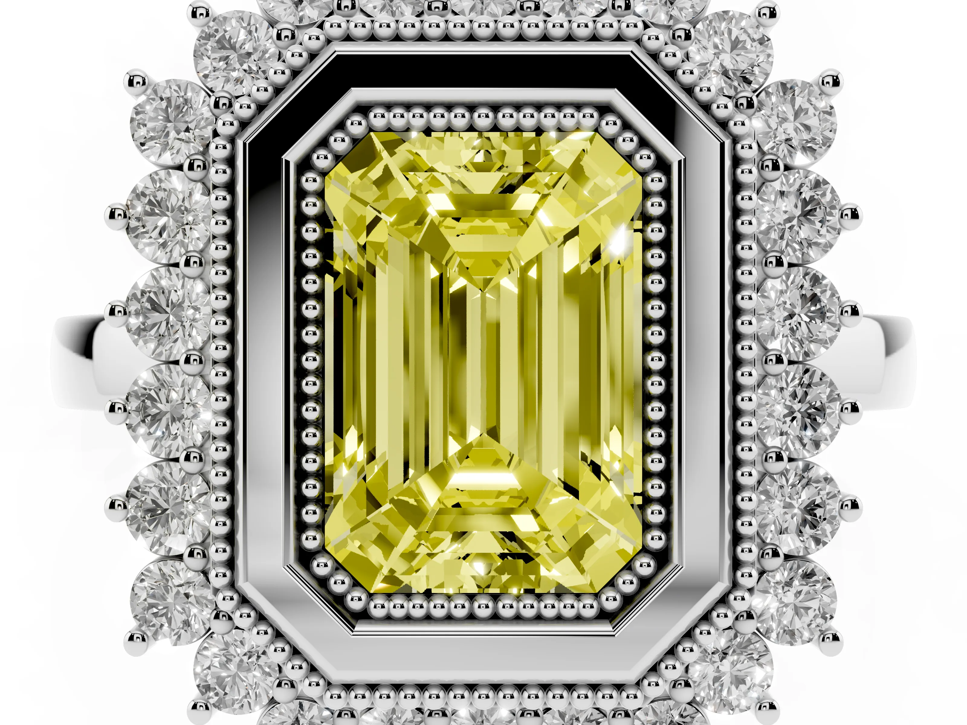 Fancy Yellow Emerald Cut Diamond Halo Ring Set in Platinum with Milgrain Edge and Round Prong Setting