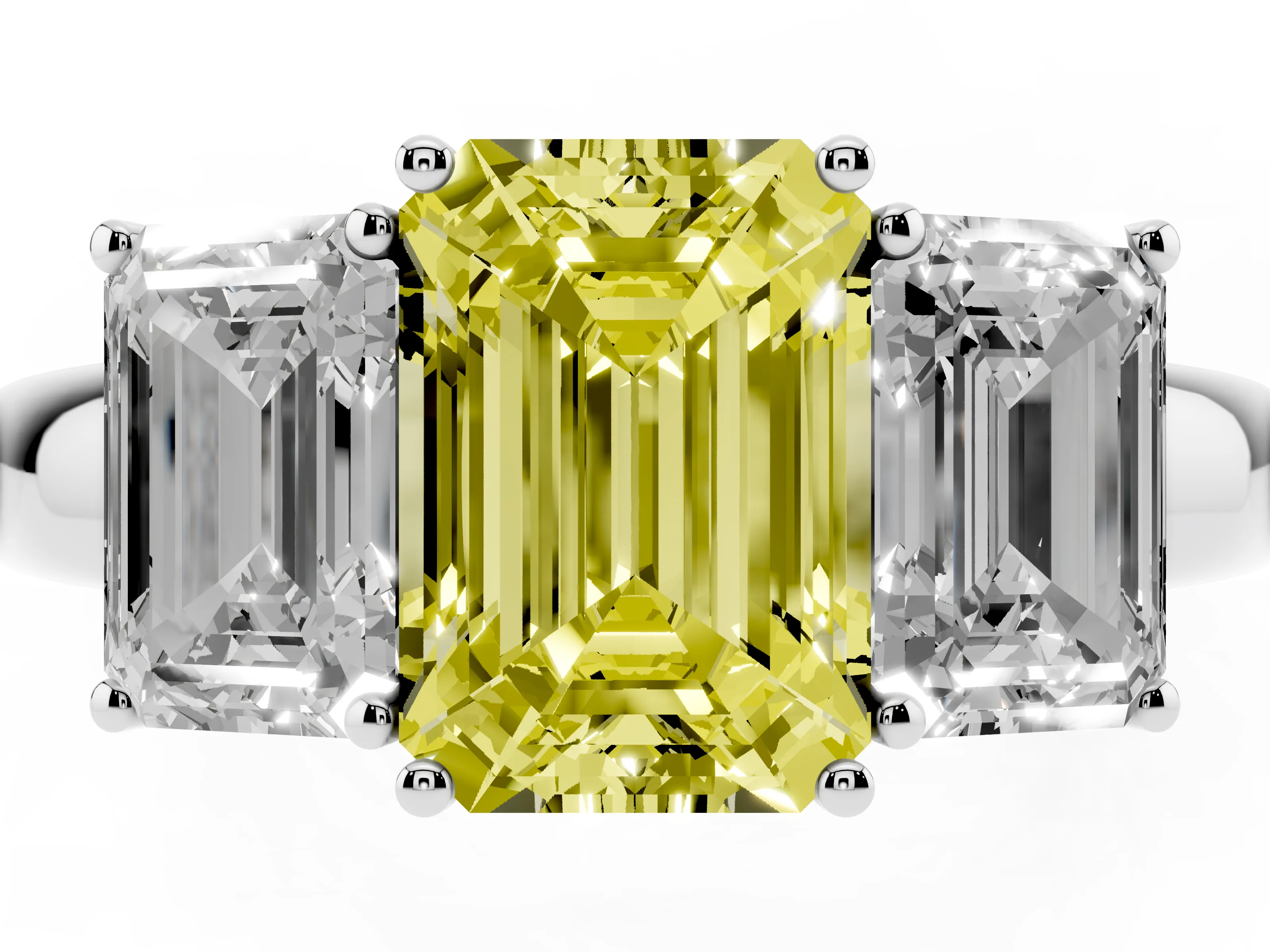 Fancy Yellow Emerald Cut Diamond Three-Stone Ring Set in Silver with Bold Center and Classic Band