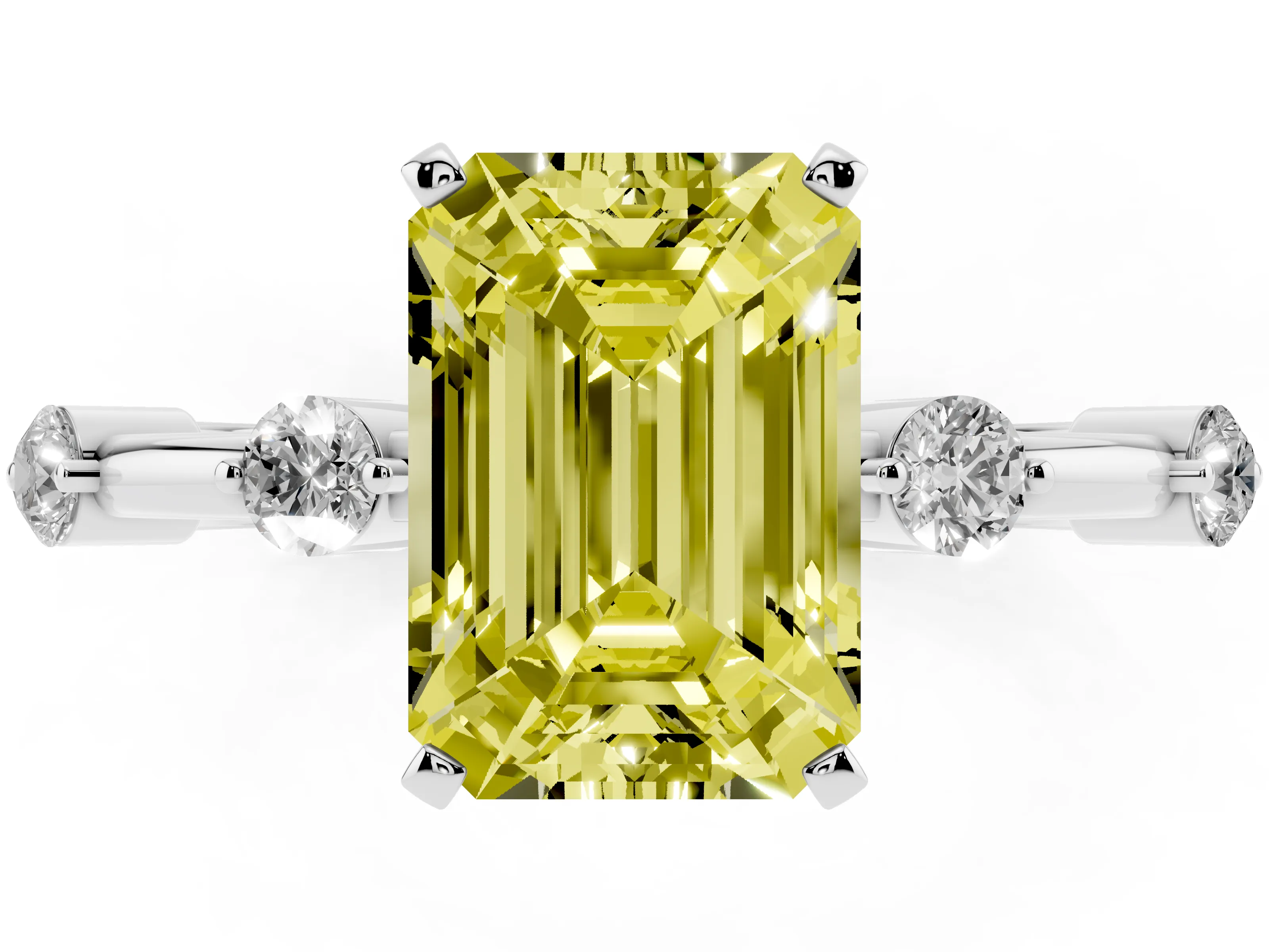 Fancy Yellow Emerald Cut Diamond Solitaire Ring Set in White gold with Bezel Set Side Stones and Prong Setting