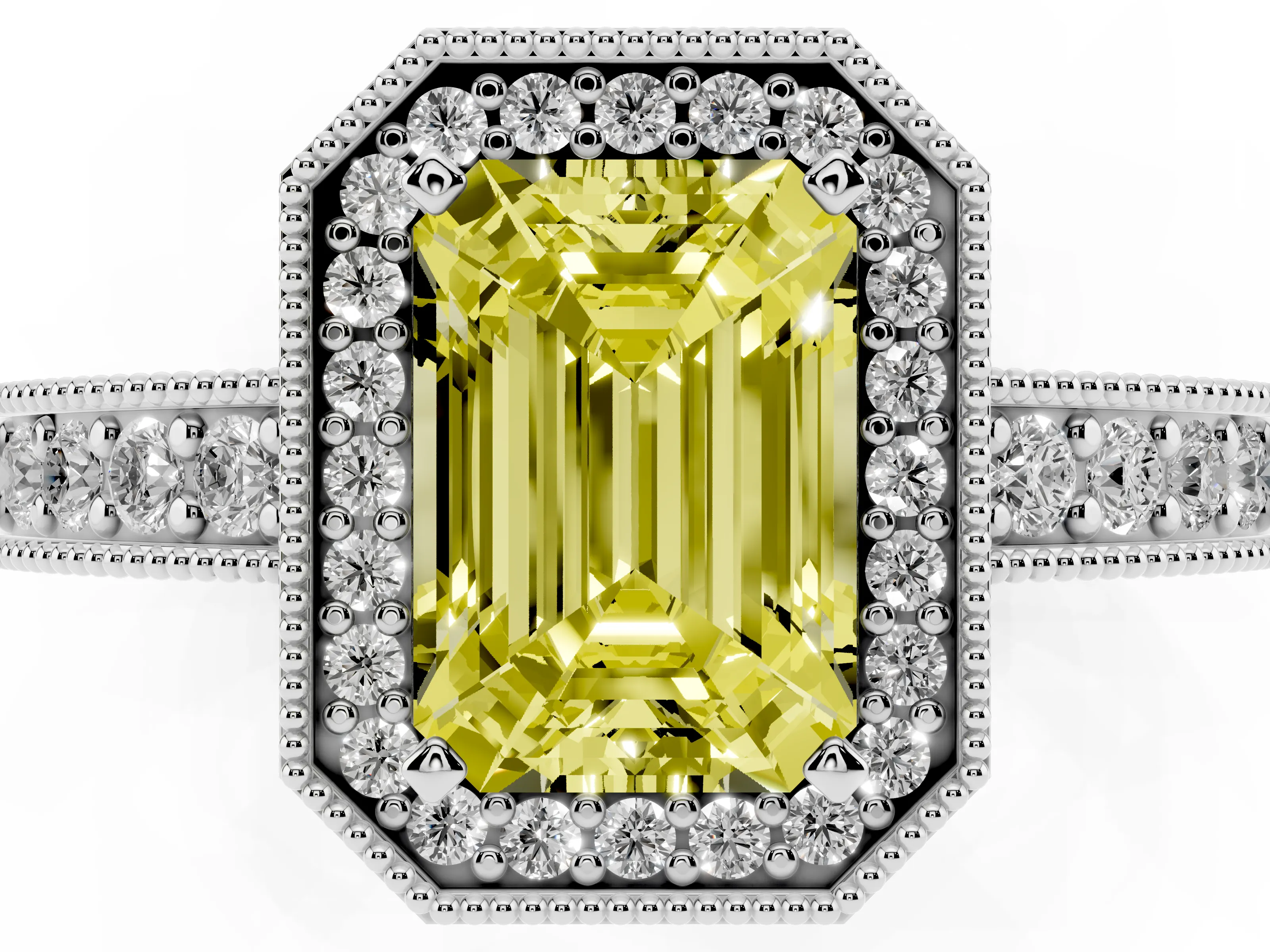 Fancy Yellow Emerald Cut Diamond Halo Pavé Band Ring Set in Platinum with Prong-Set Center