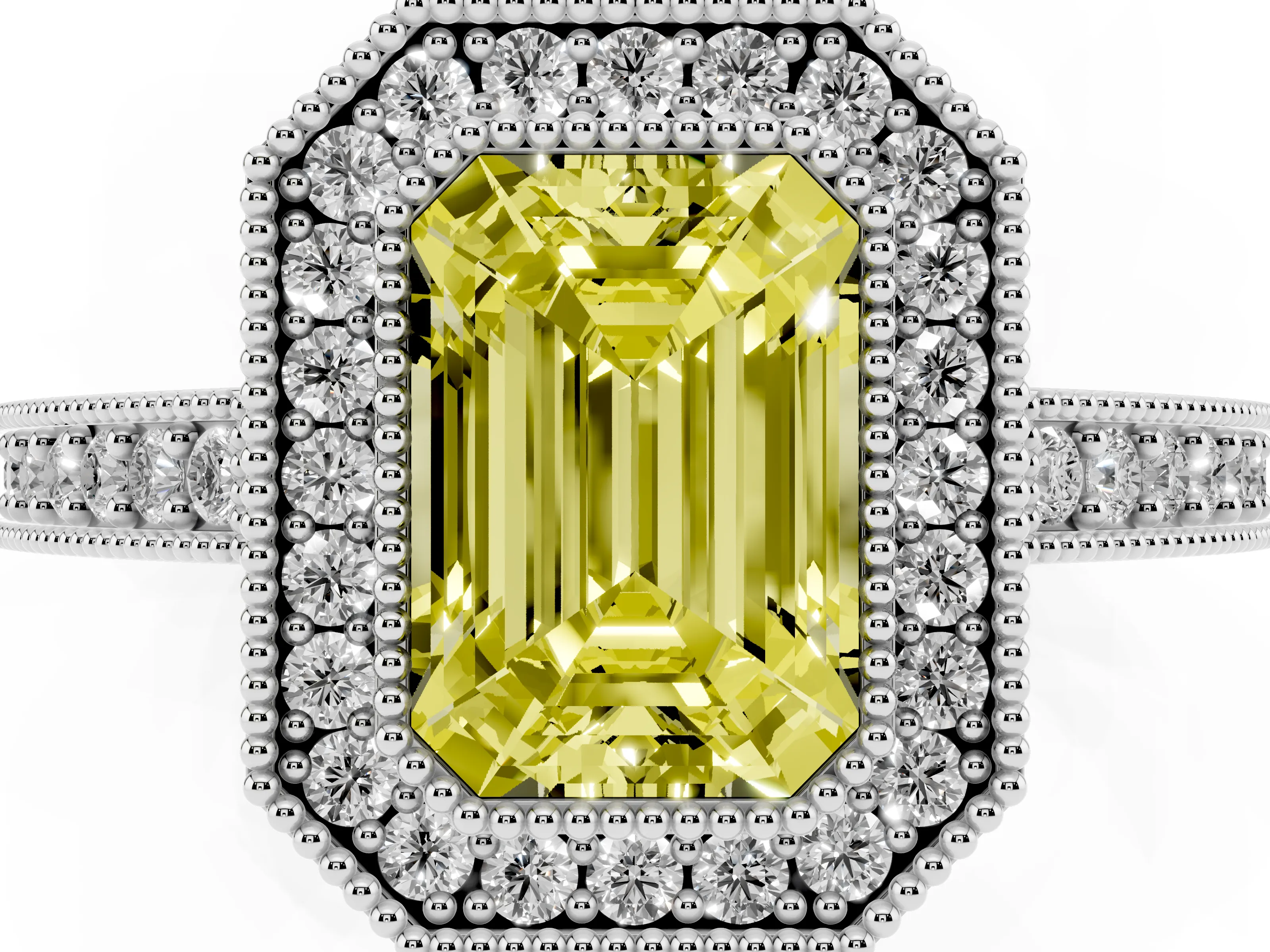 Fancy Yellow Emerald Cut Diamond Halo Engagement Ring Set in White gold with Pavé Band and Round Halo Stones