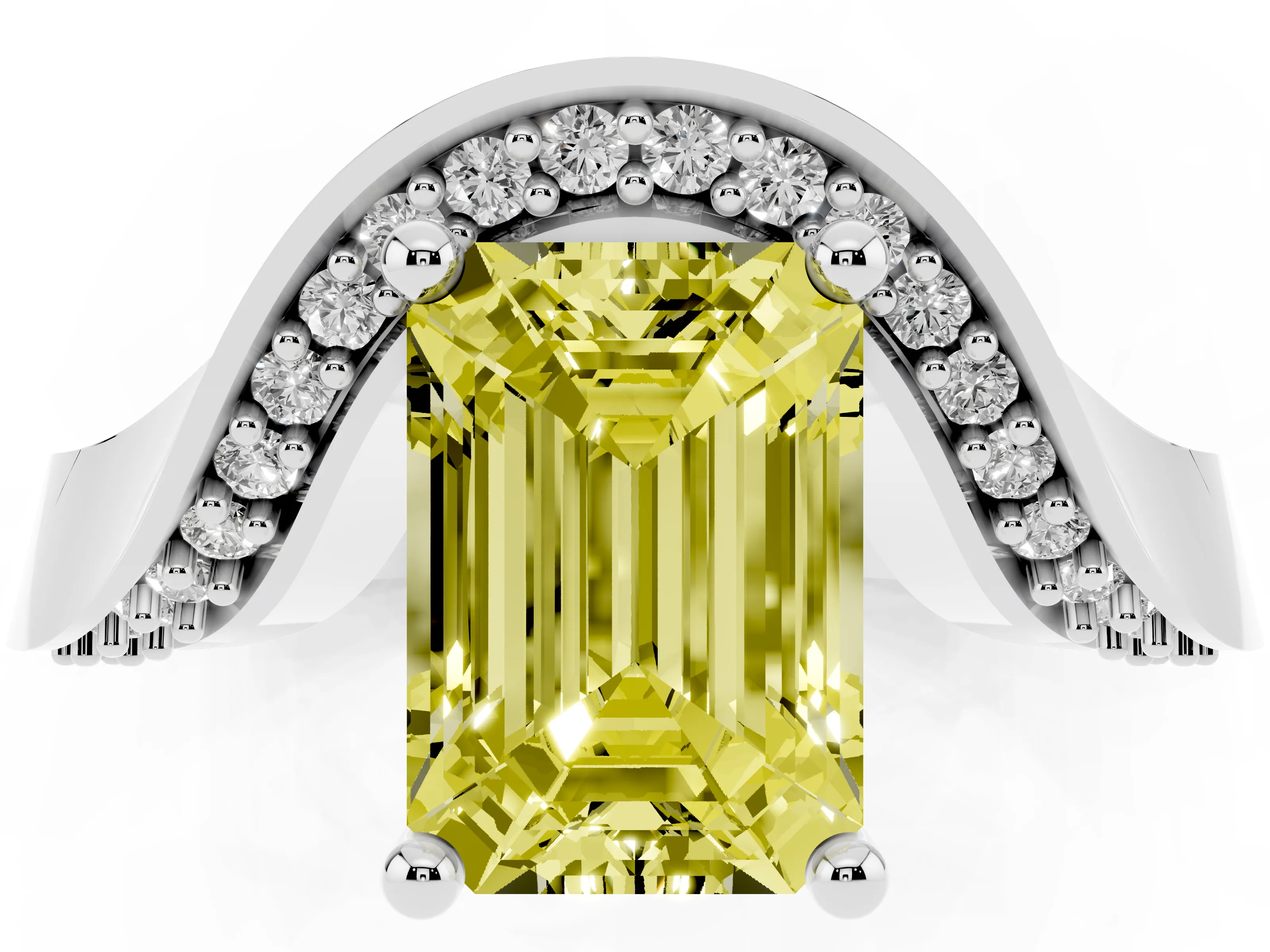 Fancy Yellow Emerald Cut Diamond Solitaire Engagement Ring Set in Silver with Pavé Shoulders
