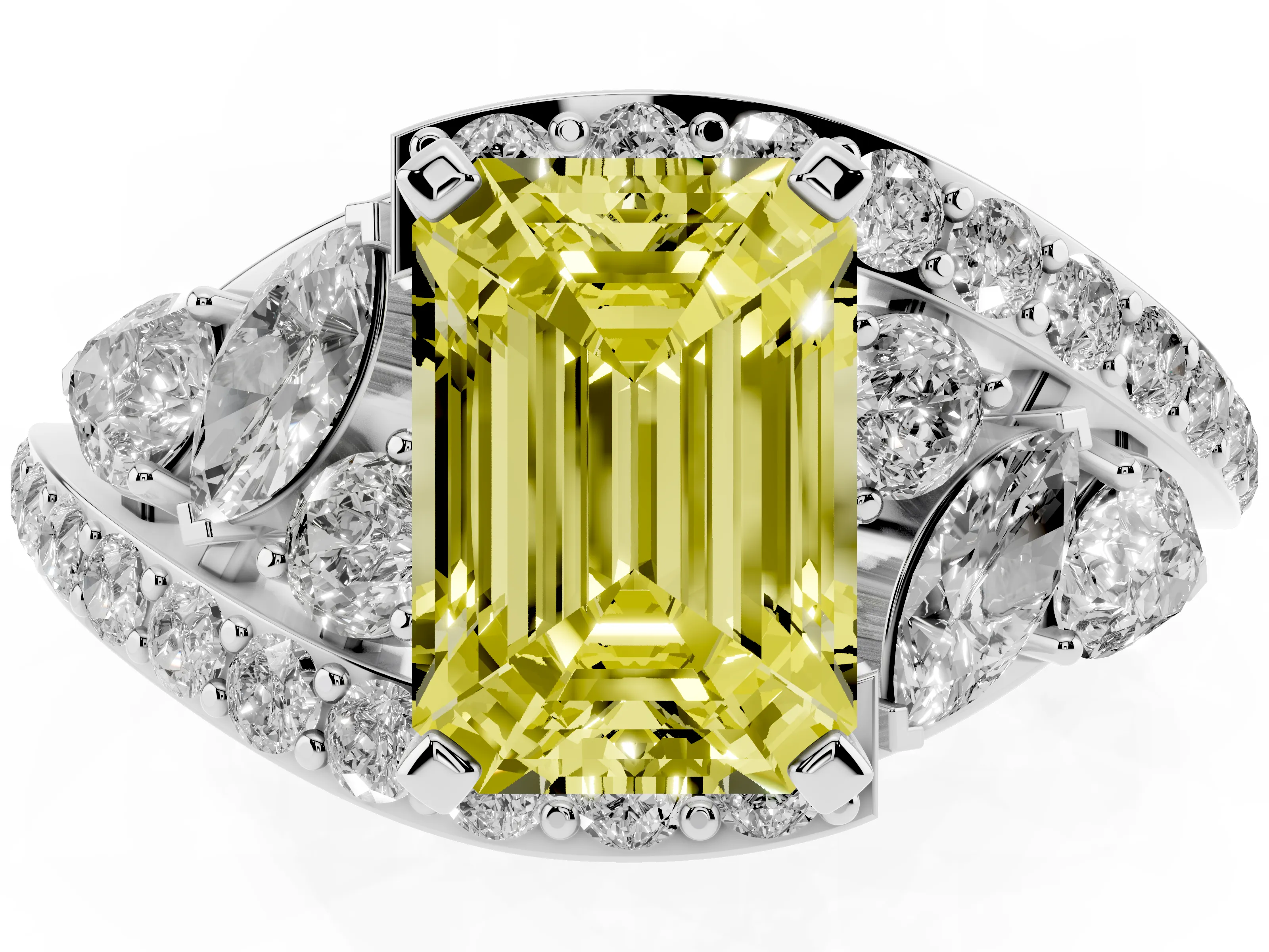 Fancy Yellow Emerald Cut Diamond Halo Ring Set in White gold with Marquise and Pavé Band in Prong Setting
