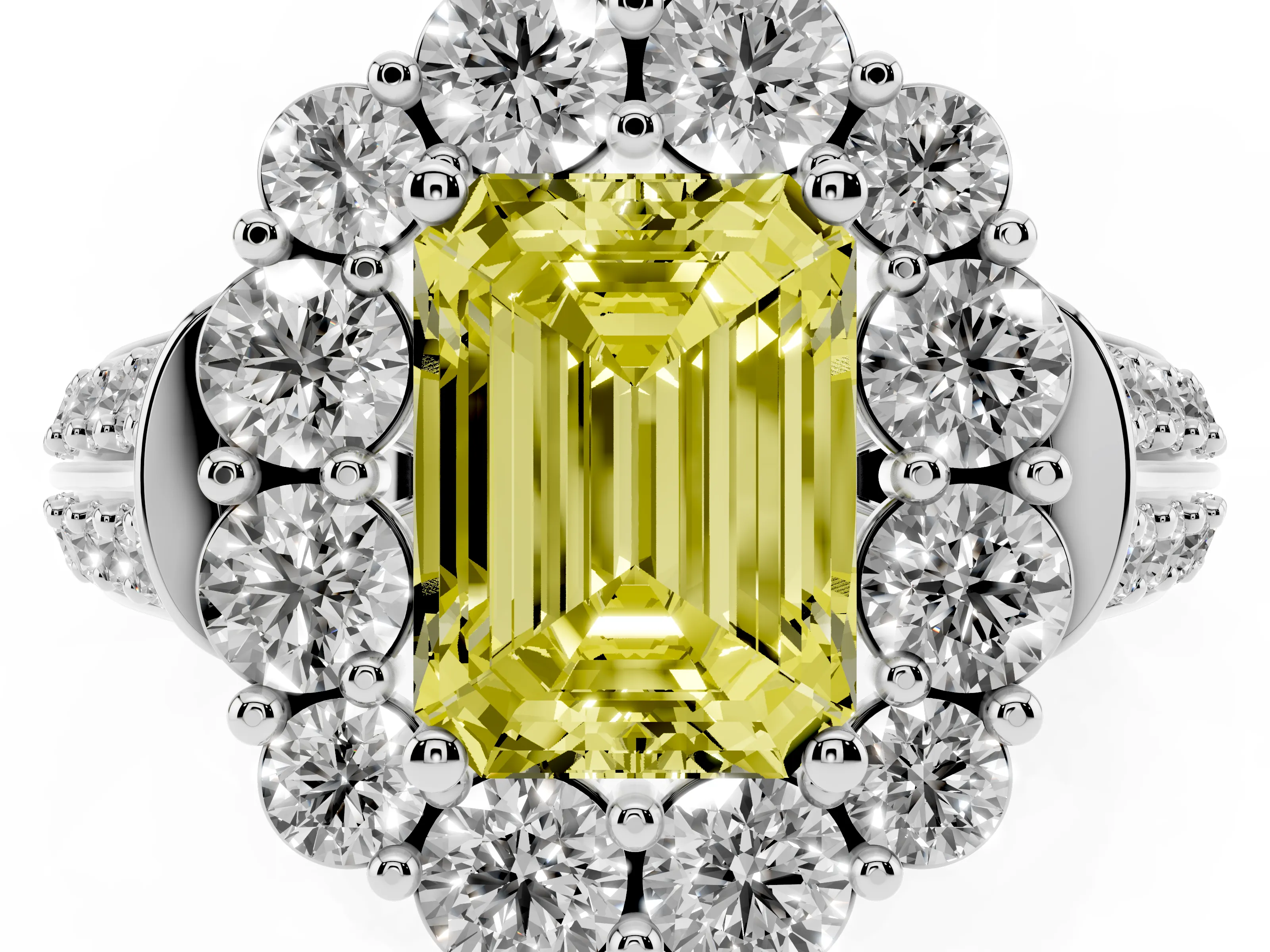 Fancy Yellow Emerald Cut Diamond Halo Engagement Ring Set in Silver with Split Shank and Prong Setting