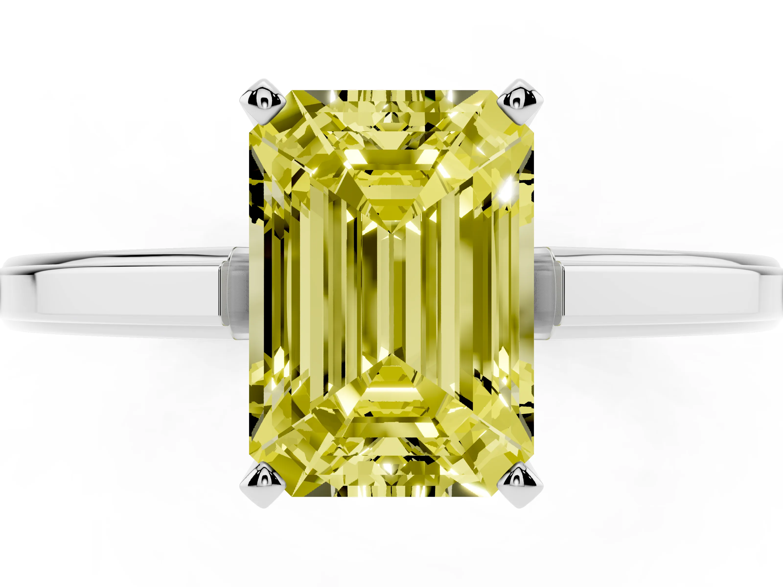 Fancy Yellow Emerald Cut Diamond Solitaire Ring Set in Platinum with Prong Setting and Classic Band