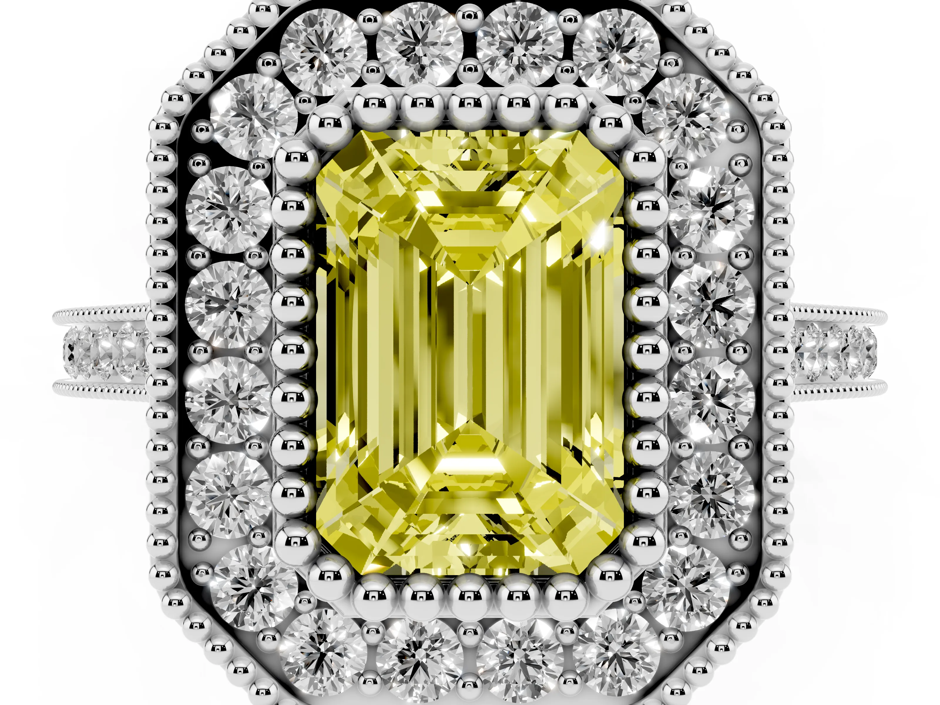 Fancy Yellow Emerald Cut Diamond Halo Ring Set in White gold with Milgrain Frame and Pavé Band