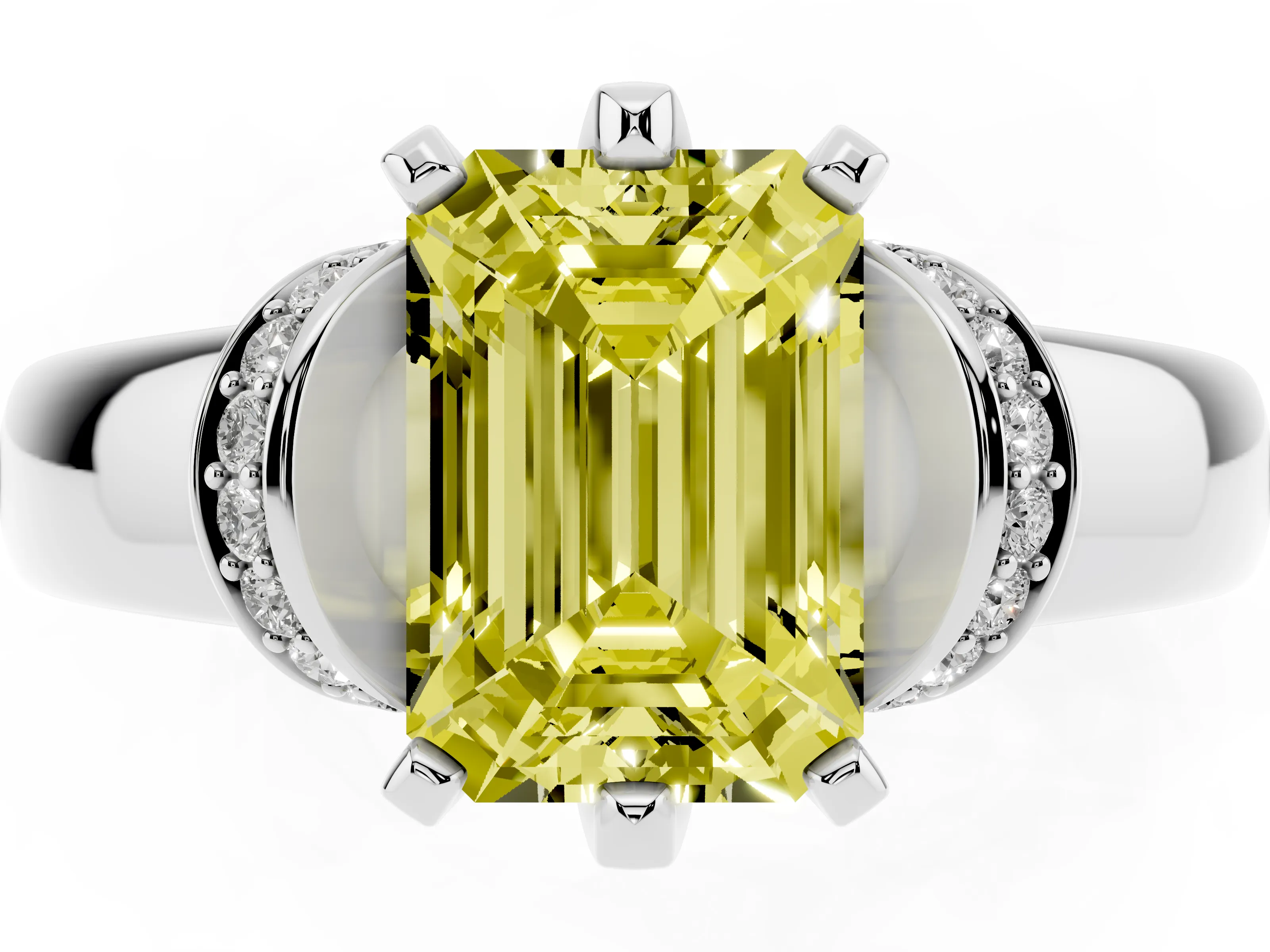 Fancy Yellow Emerald Cut Diamond Pavé Band Solitaire Ring Set in White gold with Prong Setting