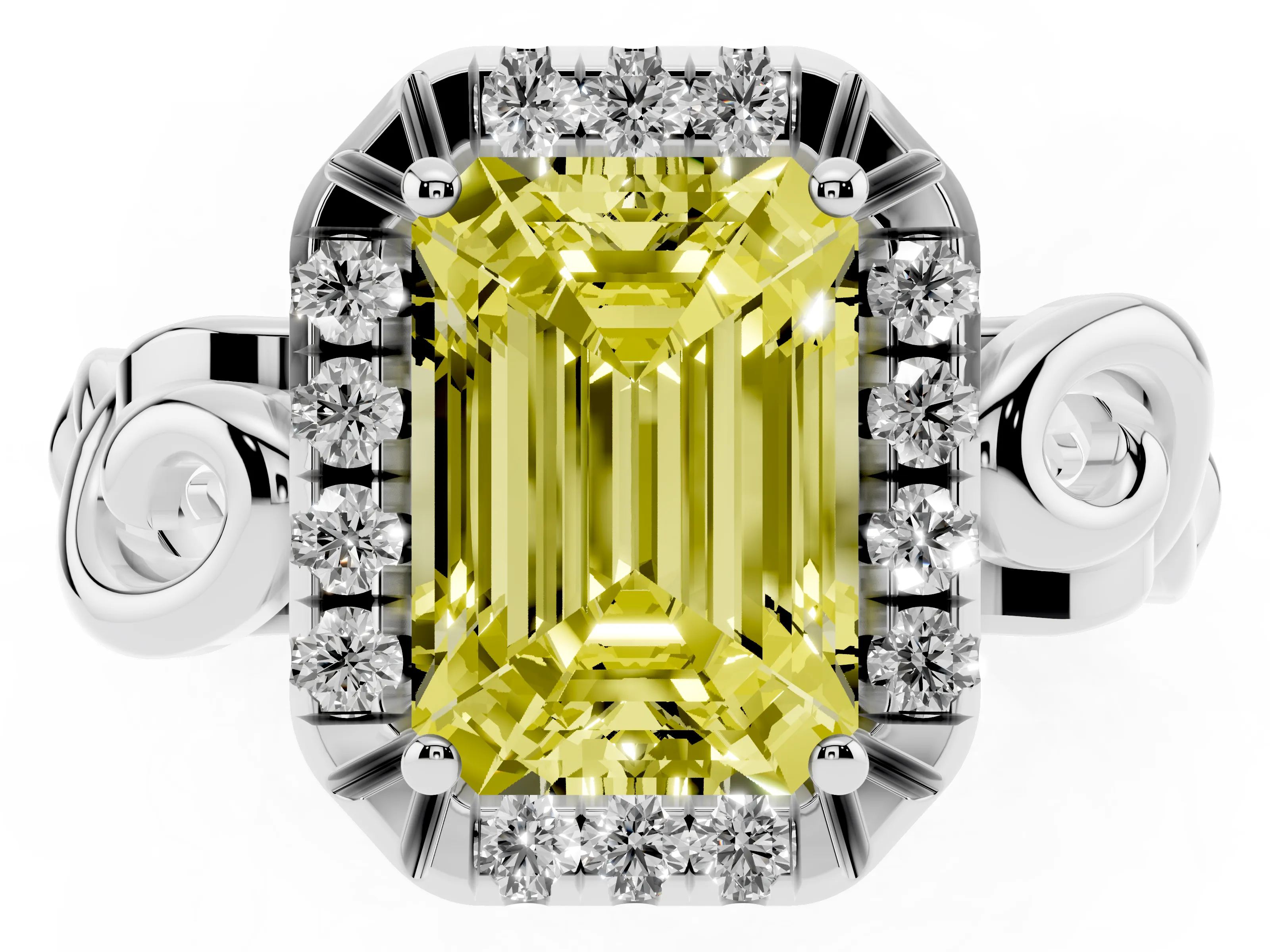 Fancy Yellow Emerald Cut Diamond Halo Ring Set in White gold with Scrollwork Band and Prong Setting