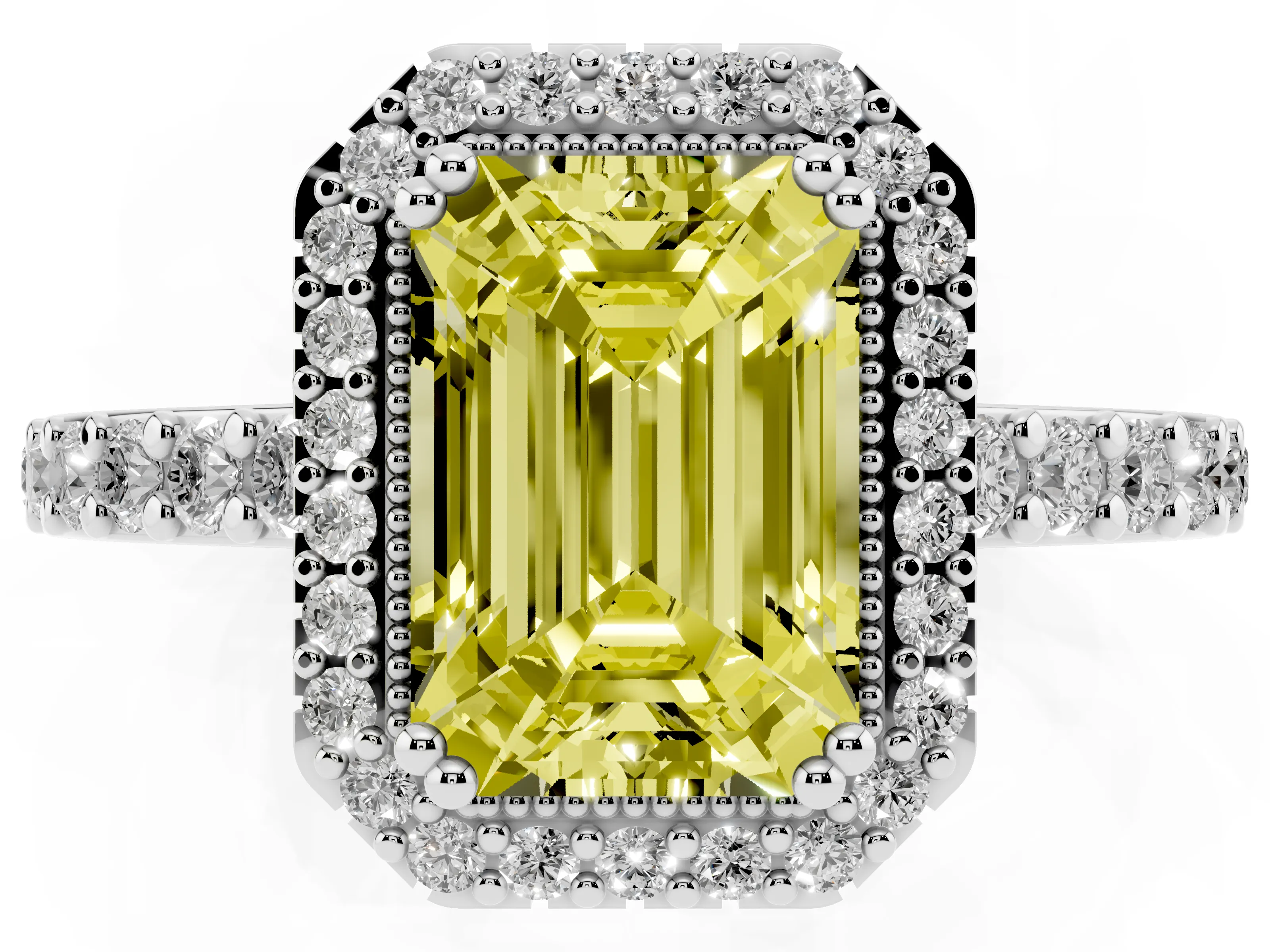 Fancy Yellow Emerald Cut Diamond Halo Engagement Ring Set in White gold with Milgrain Detail and Pavé Band