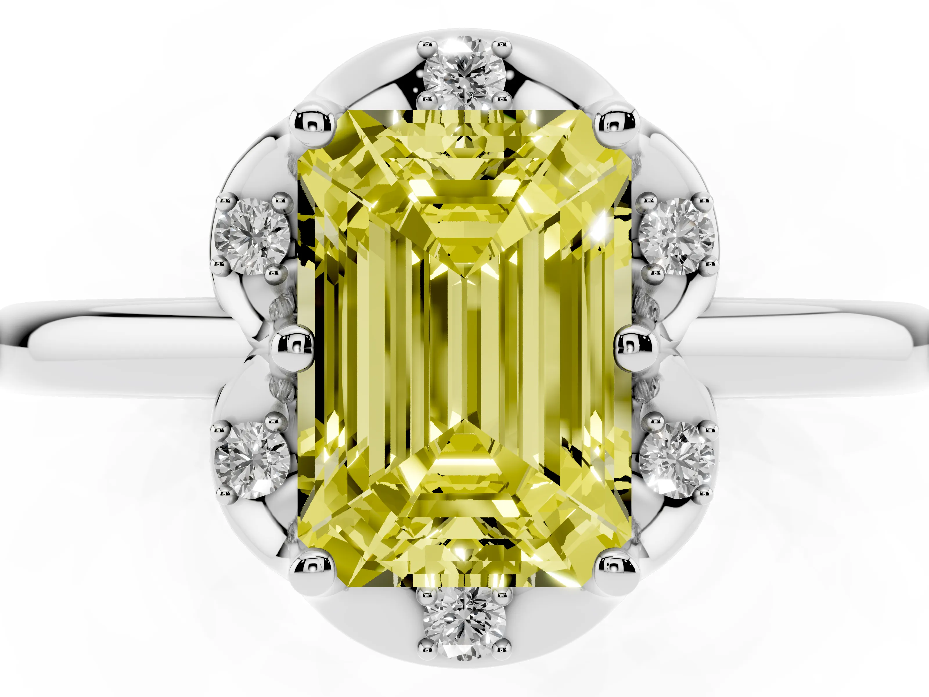 Fancy Yellow Emerald Cut Diamond Round Cluster Halo Ring Set in White gold with Solitaire Band and Prong Setting