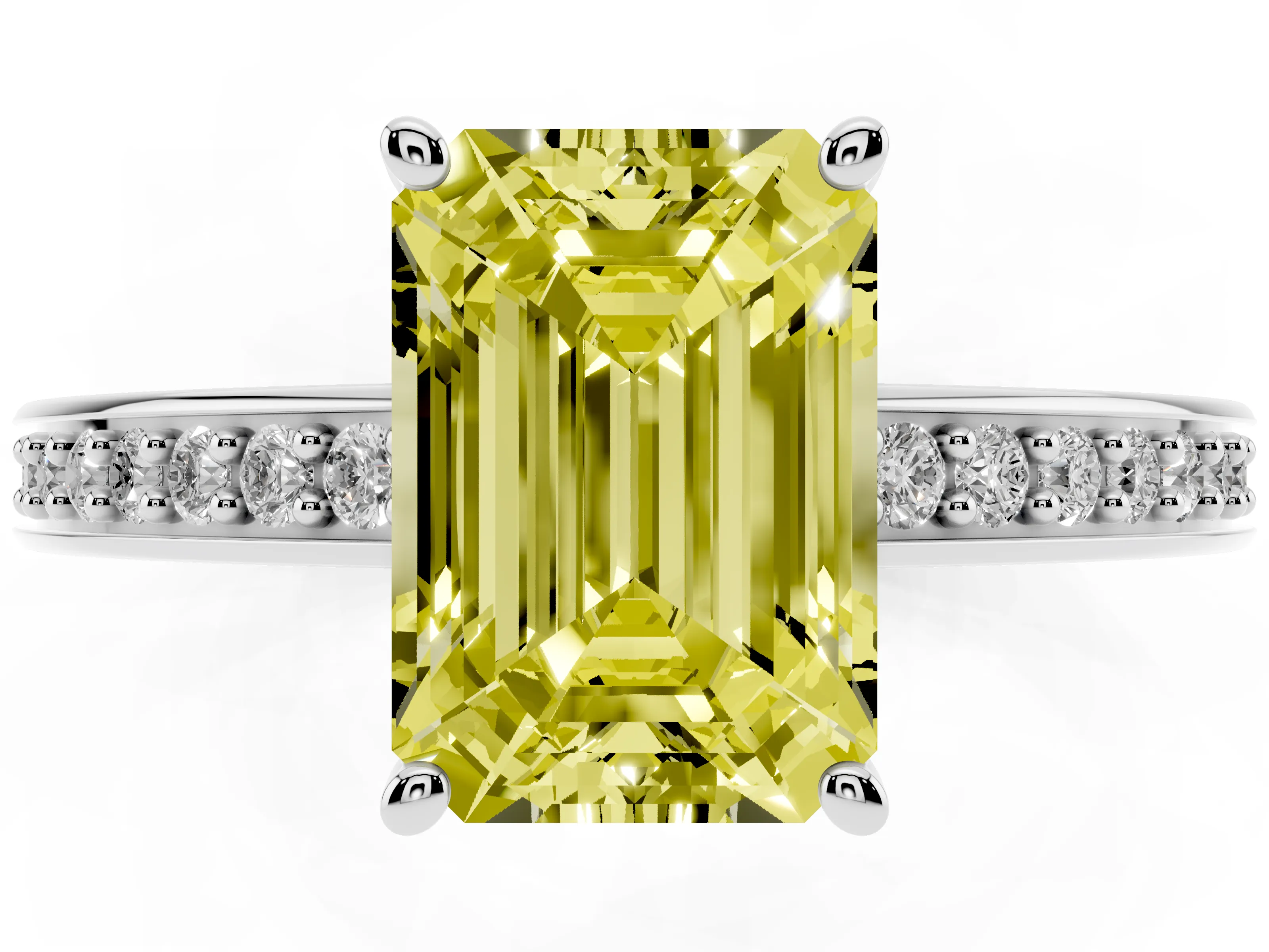 Fancy Yellow Emerald Cut Diamond Pavé Band Prong Set Solitaire Ring Set in White gold