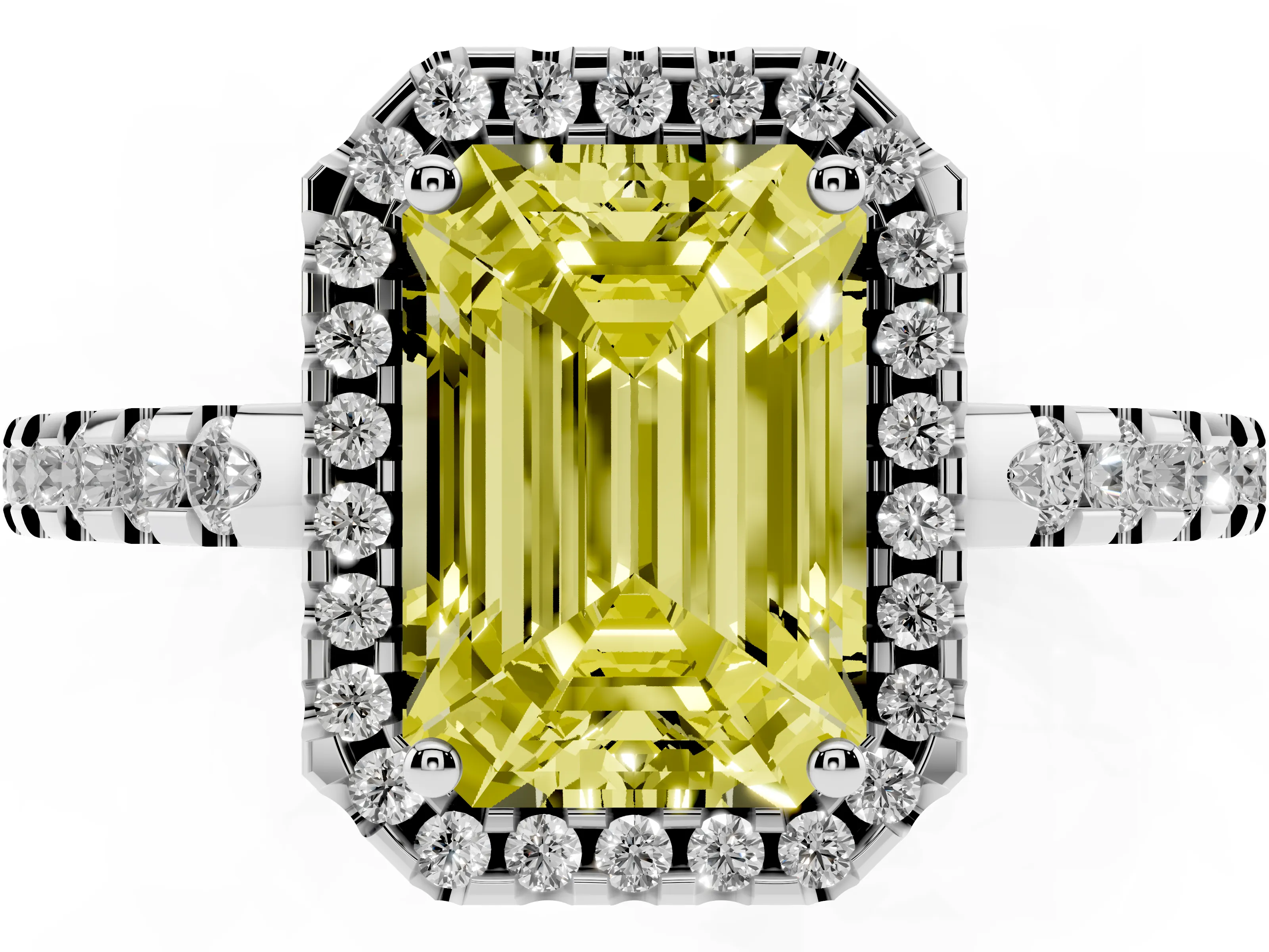 Fancy Yellow Emerald Cut Diamond Halo Ring Set in White gold with Pavé Shoulders and Halo-Framed Center