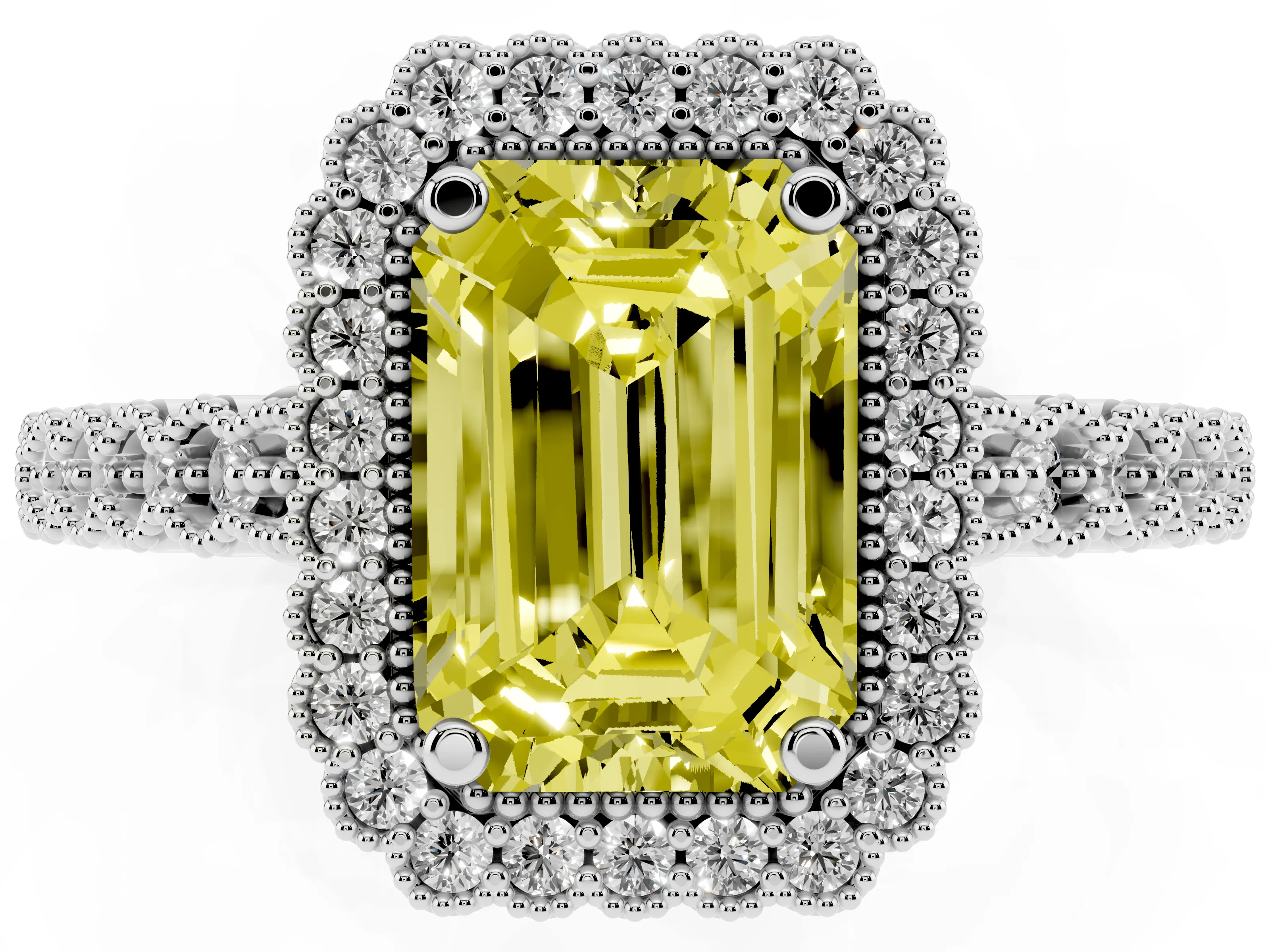 Fancy Yellow Emerald Cut Diamond Halo Ring Set in White gold with Pavé Milgrain Band