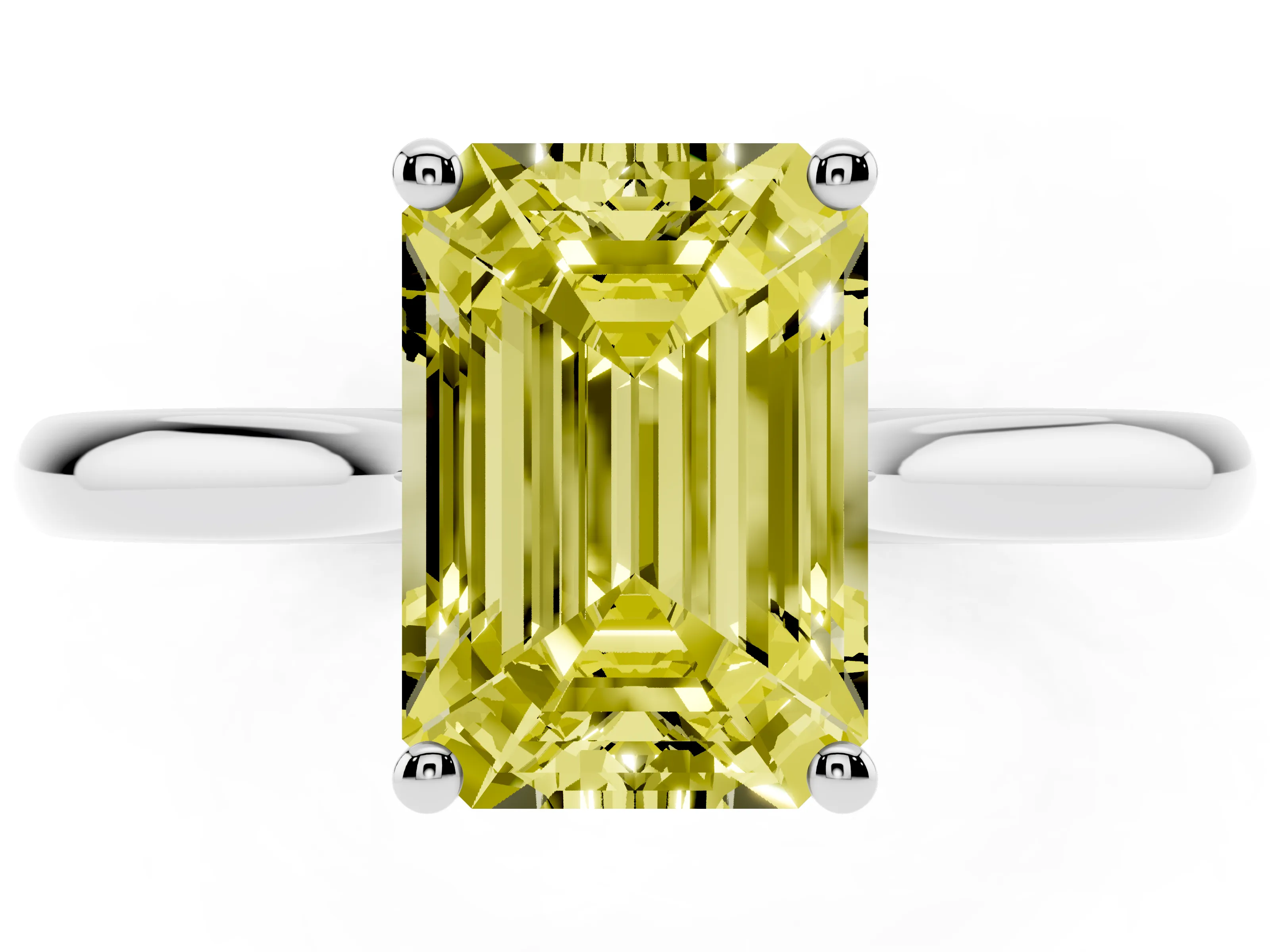 Fancy Yellow Emerald Cut Diamond Solitaire Ring Set in Silver with Cathedral Band and Prong Setting