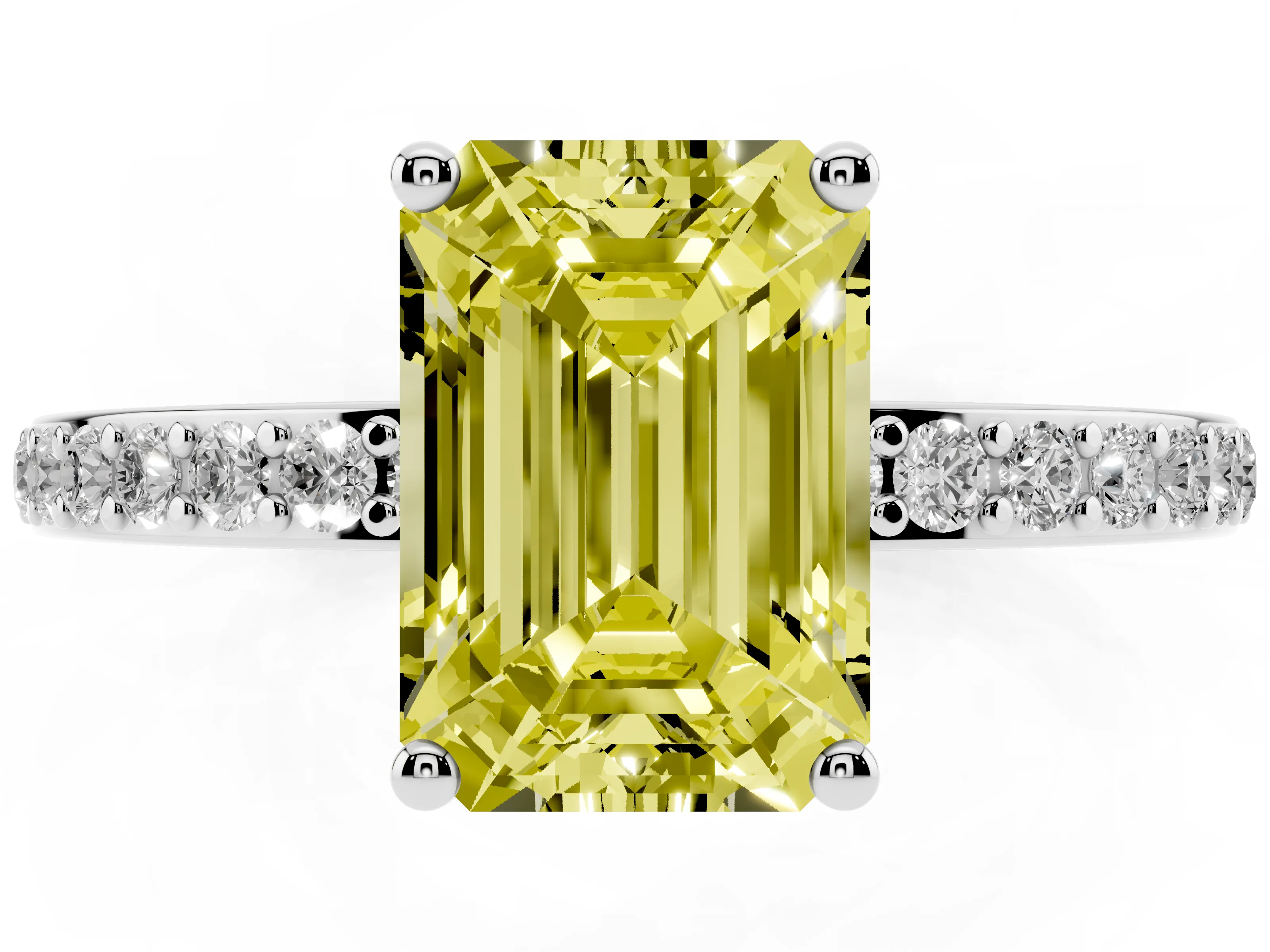 Fancy Yellow Emerald Cut Diamond Pavé Band Ring Set in Silver with Prong-Set Center Stone