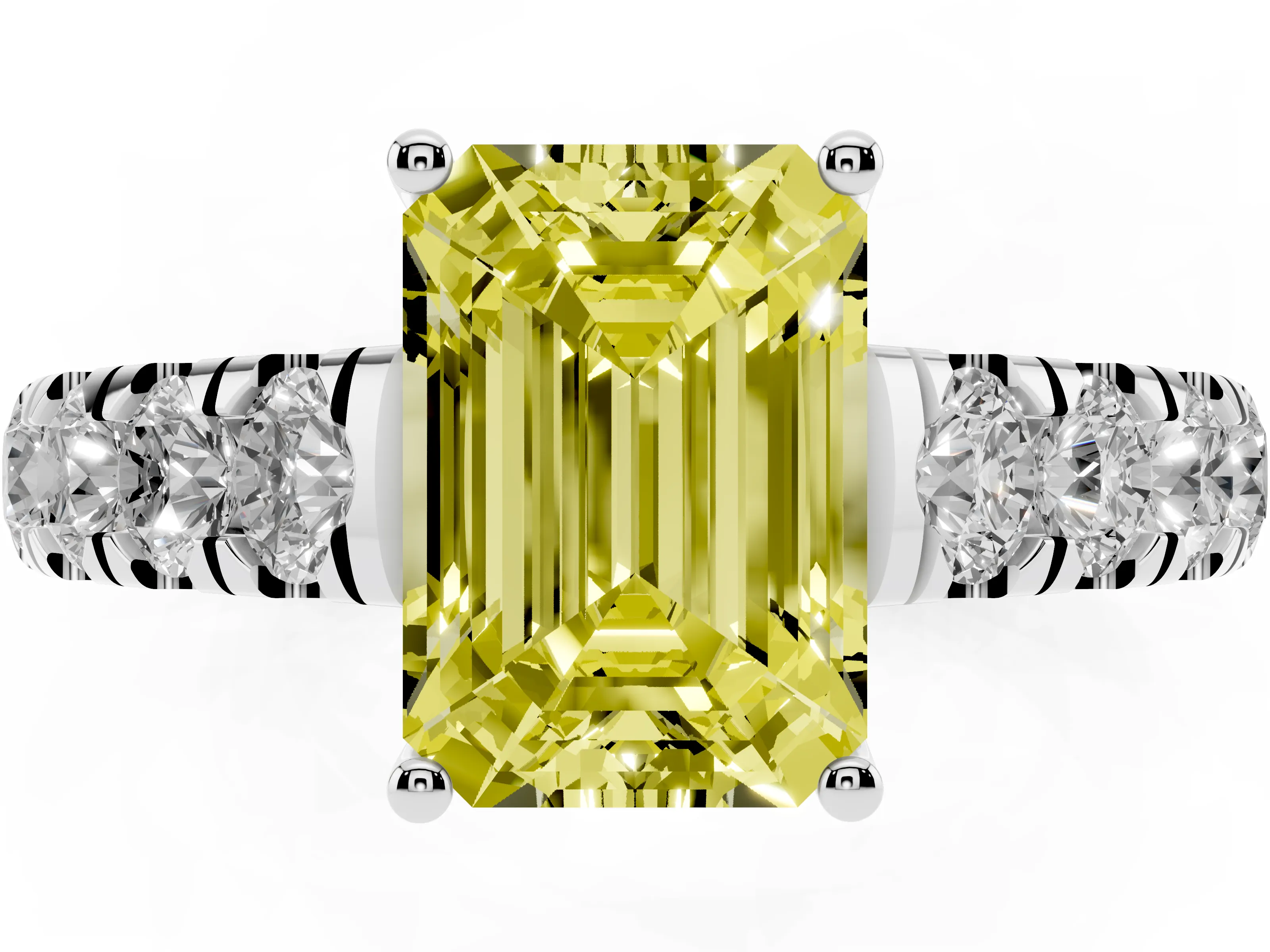 Fancy Yellow Emerald Cut Diamond Solitaire Ring Set in Silver with Cut-Down Micro Pavé Band and Prong Setting