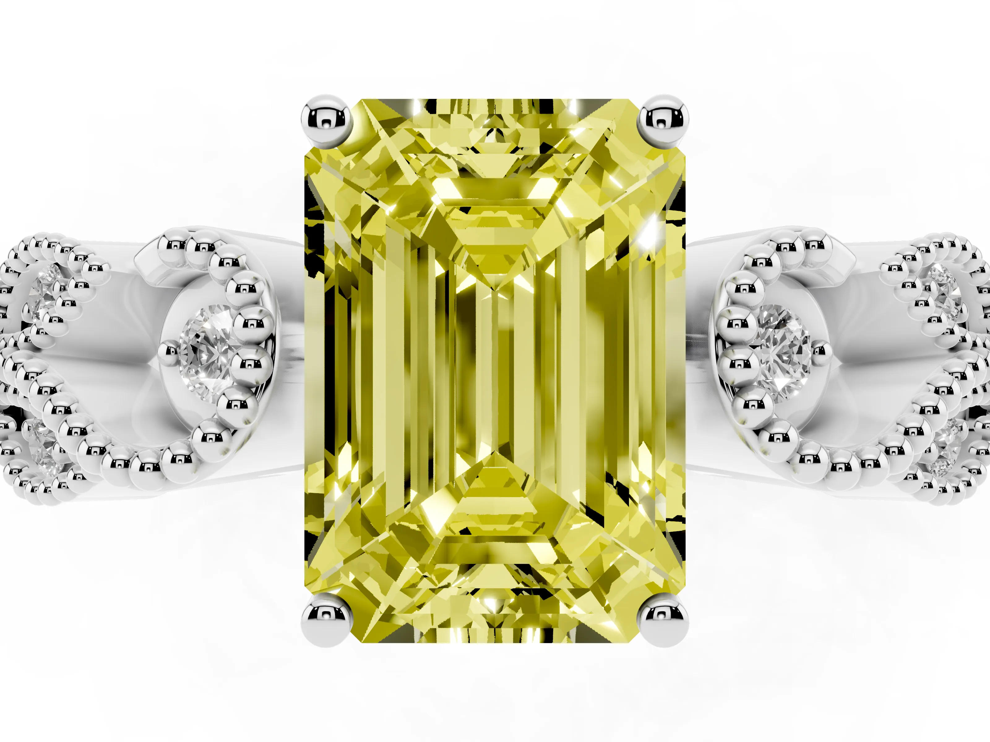 Fancy Yellow Emerald Cut Diamond Milgrain Leaf Band Solitaire Ring Set in White gold with Accent Stones and Prong Setting