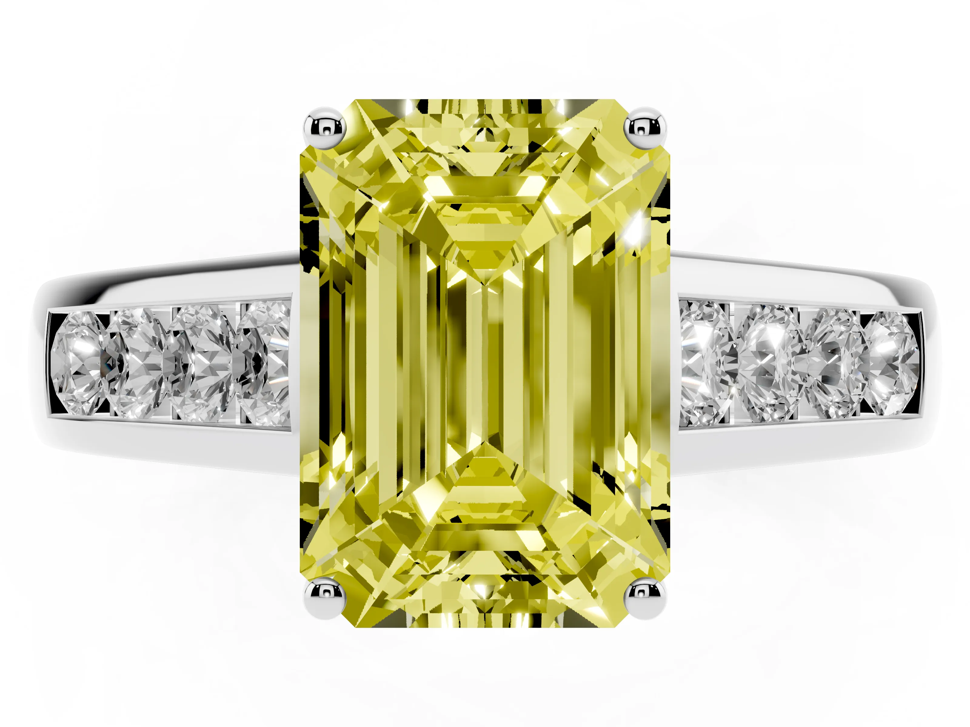Fancy Yellow Emerald Cut Diamond Brilliant Channel-Set Solitaire Ring Set in White gold with Prong Setting