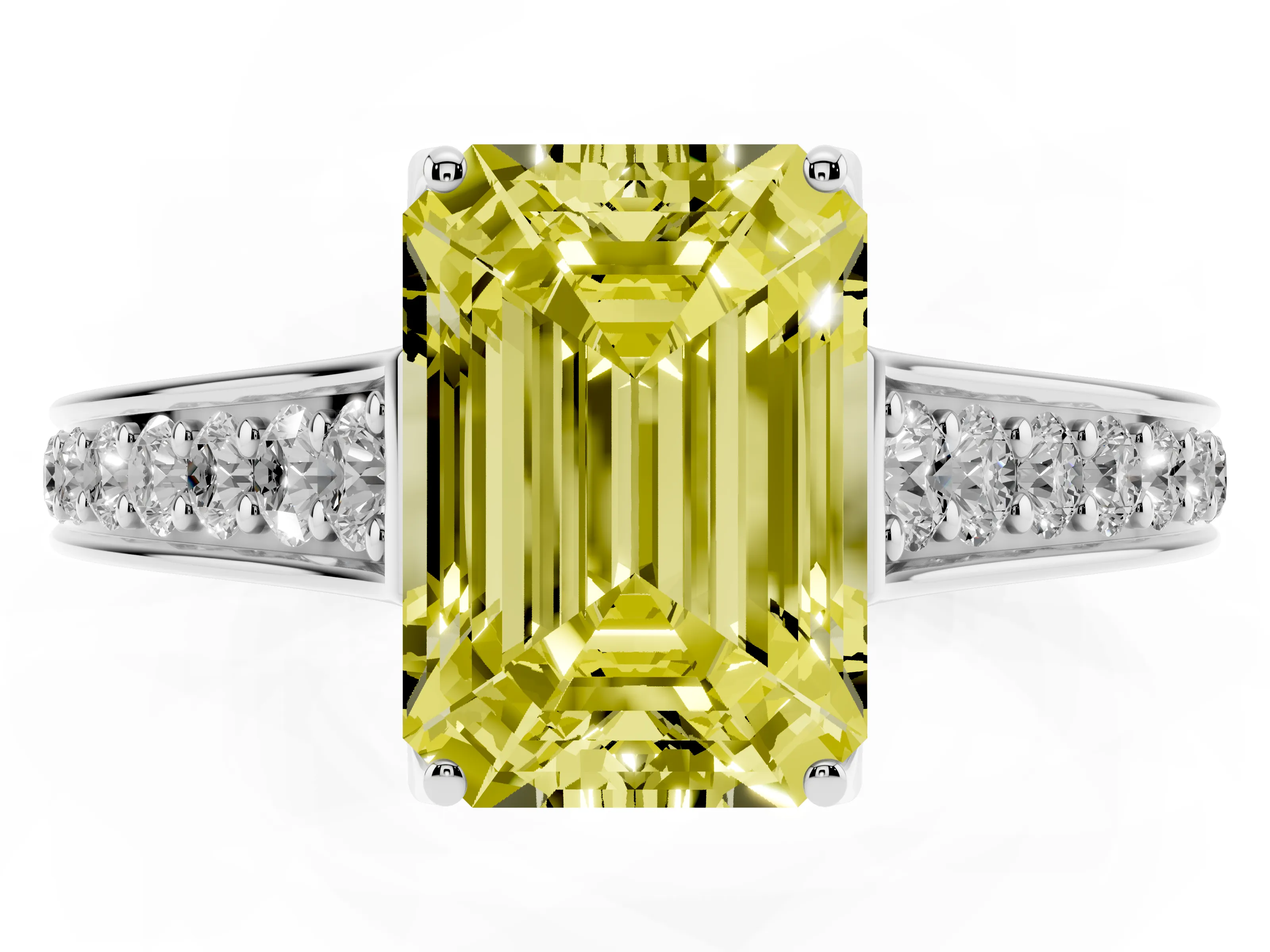Fancy Yellow Emerald Cut Diamond Solitaire Pavé Engagement Ring Set in Silver with Prong Setting