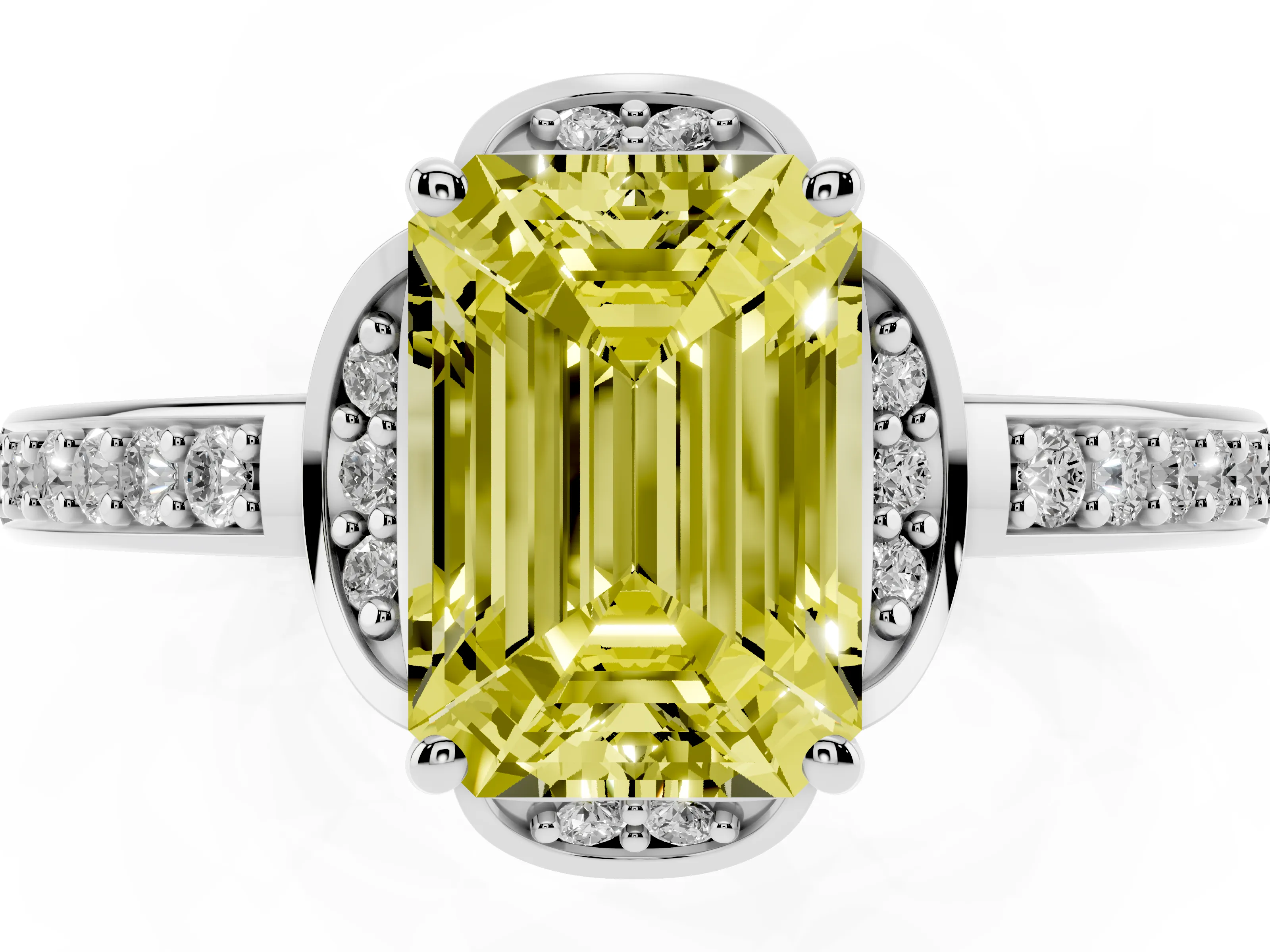 Fancy Yellow Emerald Cut Diamond Halo Ring Set in White gold with Channel Set Band and Prong Setting