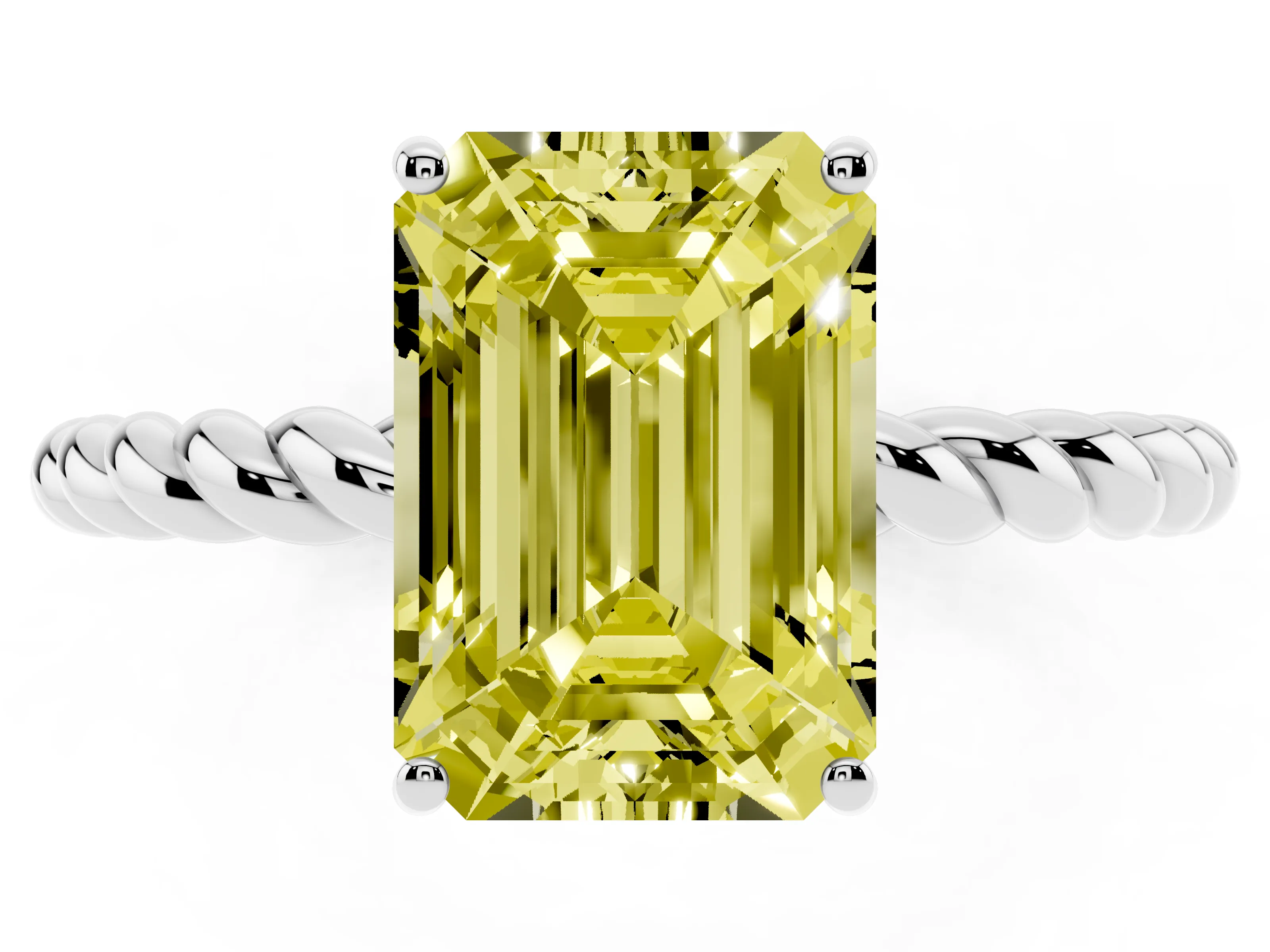 Fancy Yellow Emerald Cut Diamond Solitaire Ring Set in White gold with Twist Band and Prong Setting
