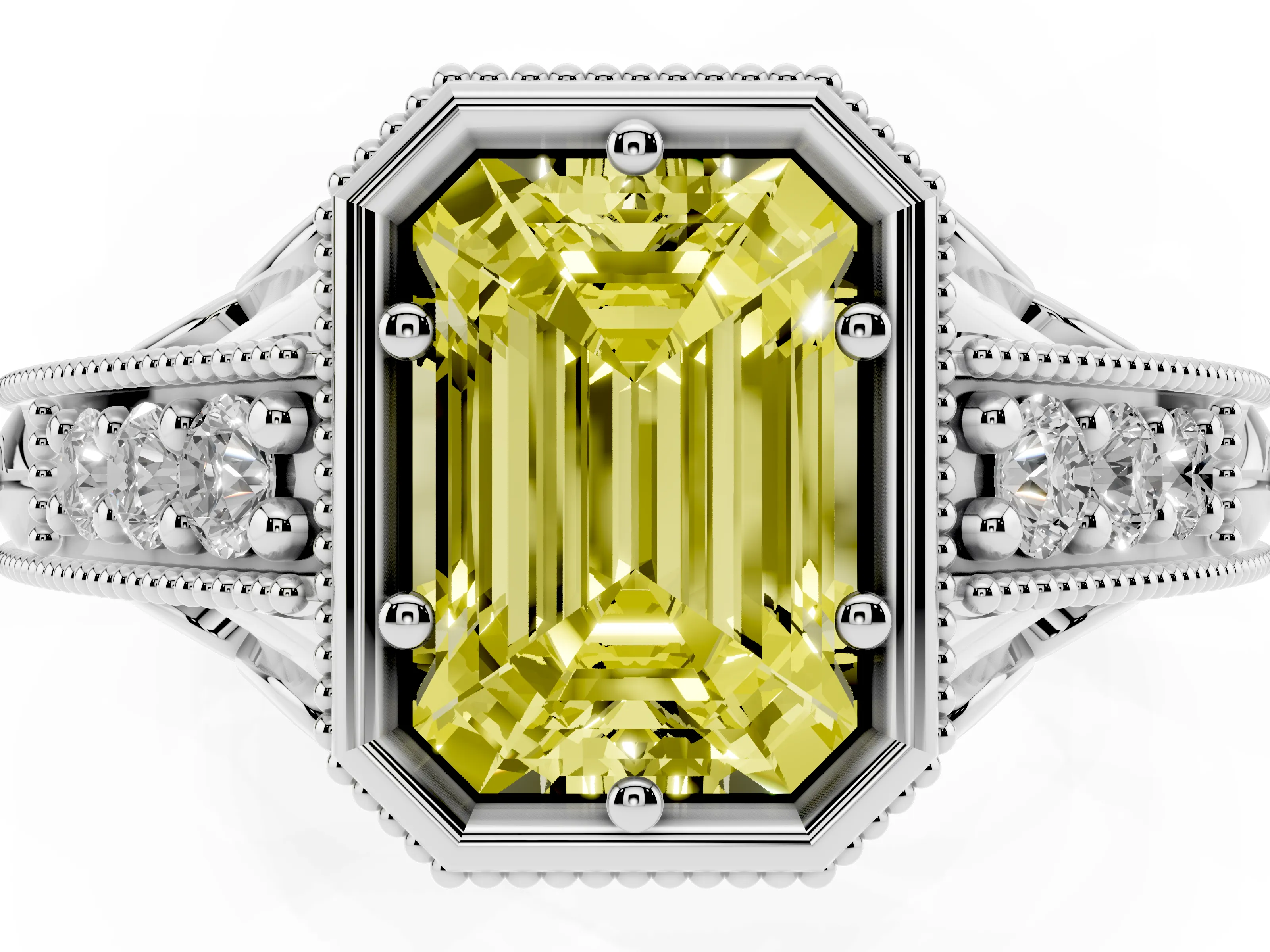 Fancy Yellow Bezel Set Emerald Cut Diamond Milgrain Pavé Engagement Ring Set in Silver