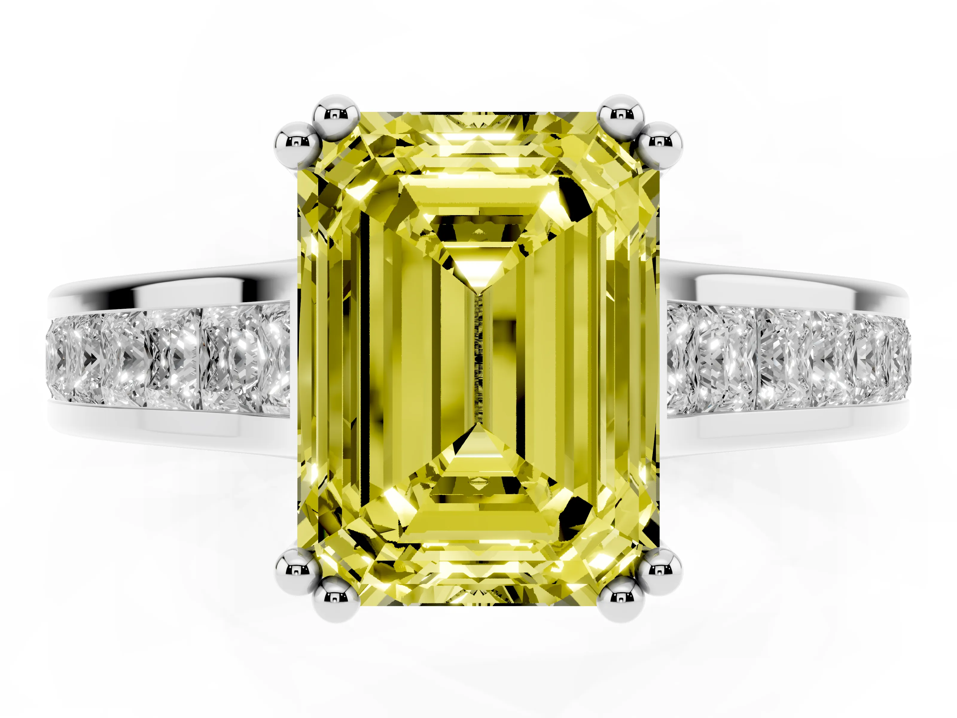 Fancy Yellow Emerald Cut Diamond Channel Set Solitaire Engagement Ring Set in Platinum with Prong Setting