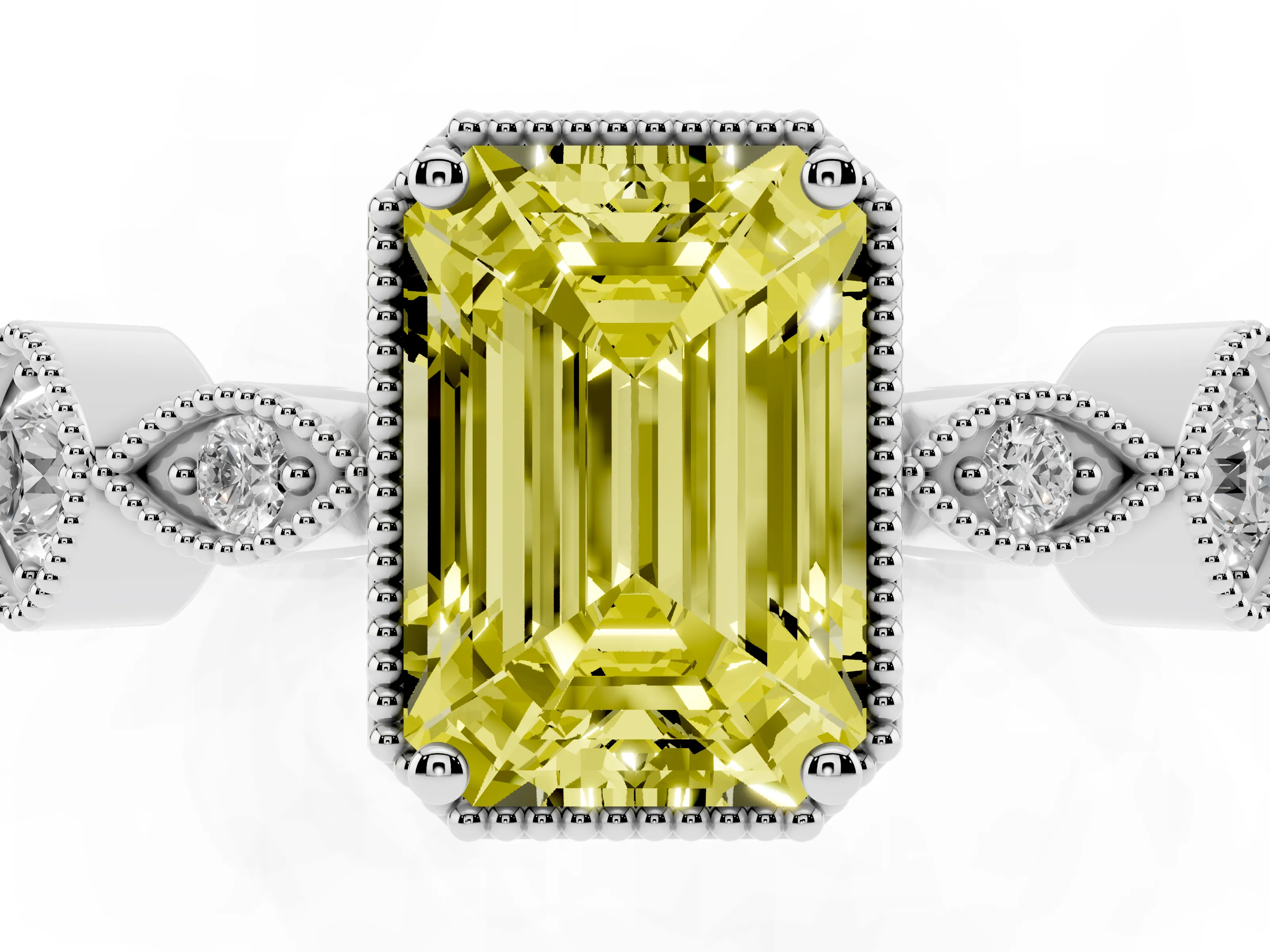 Fancy Yellow Emerald Cut Diamond Vintage-Inspired Milgrain Ring Set in Platinum with Marquise Stations of Round Accents