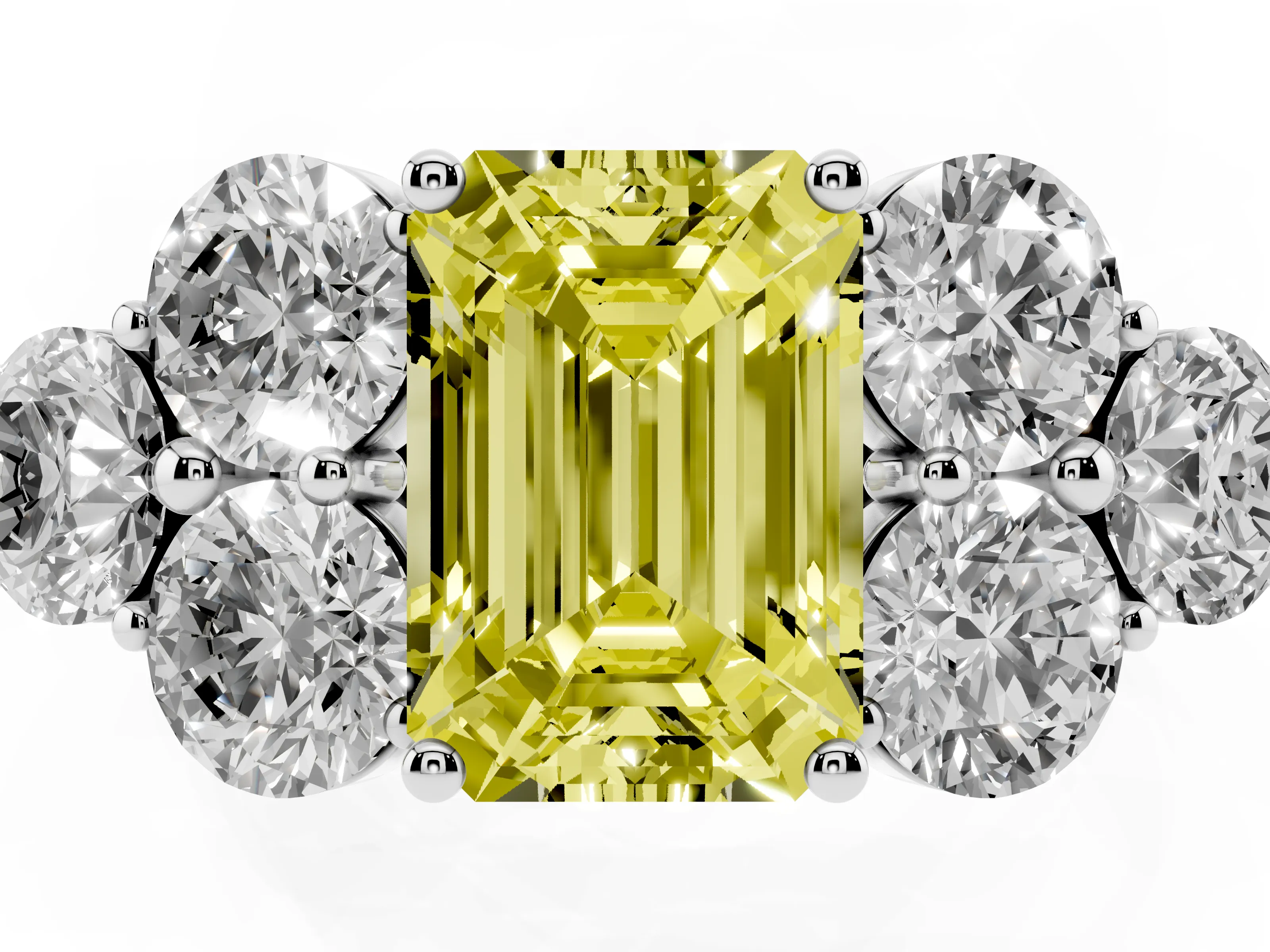 Fancy Yellow Emerald Cut Diamond Cluster Ring Set in White gold with Round Accent Stones and Prong Setting on a Plain Band