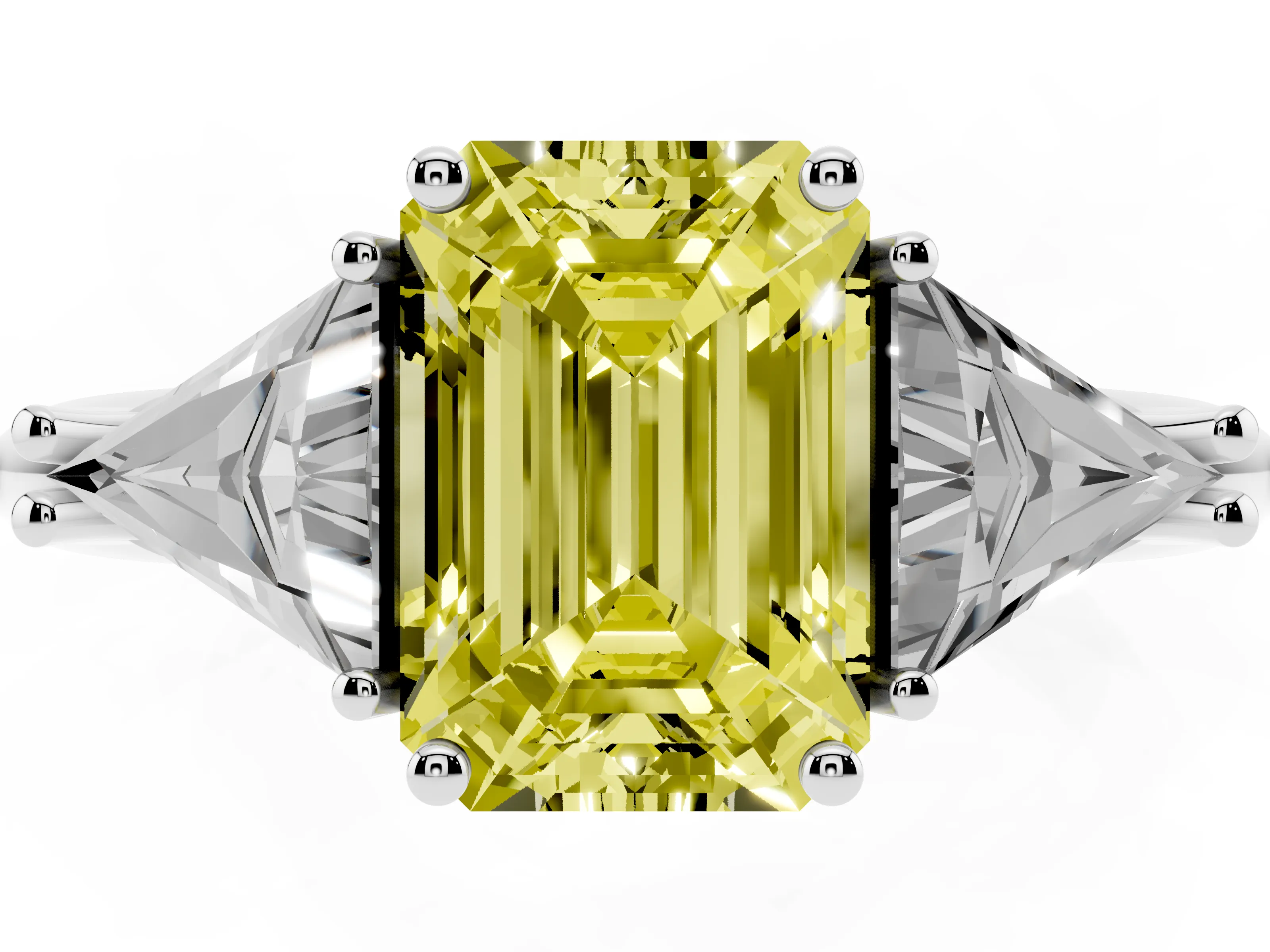 Fancy Yellow Emerald Cut Diamond Three-Stone Engagement Ring Set in Platinum with Trillion Side Stones